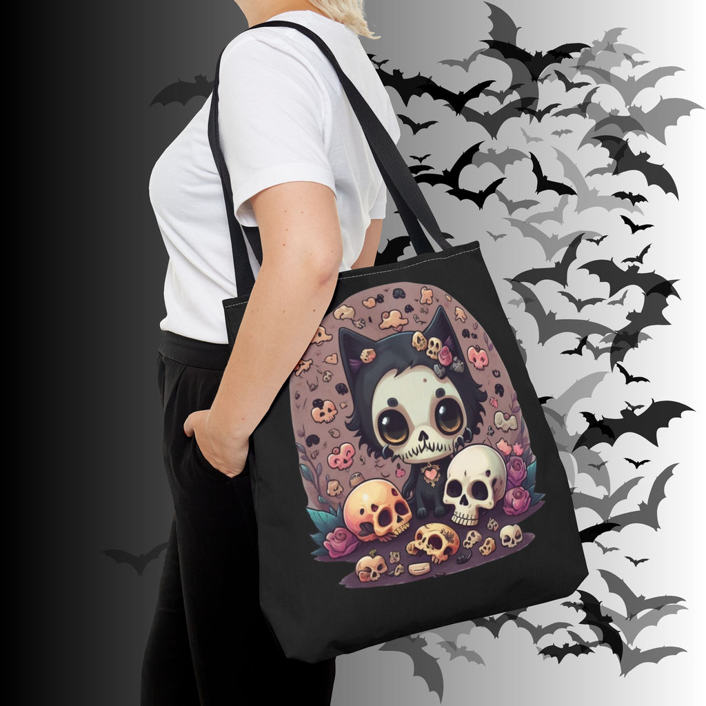 Kawaii Skull Cat Tote Bag — Gothic Cute Skull Illustration