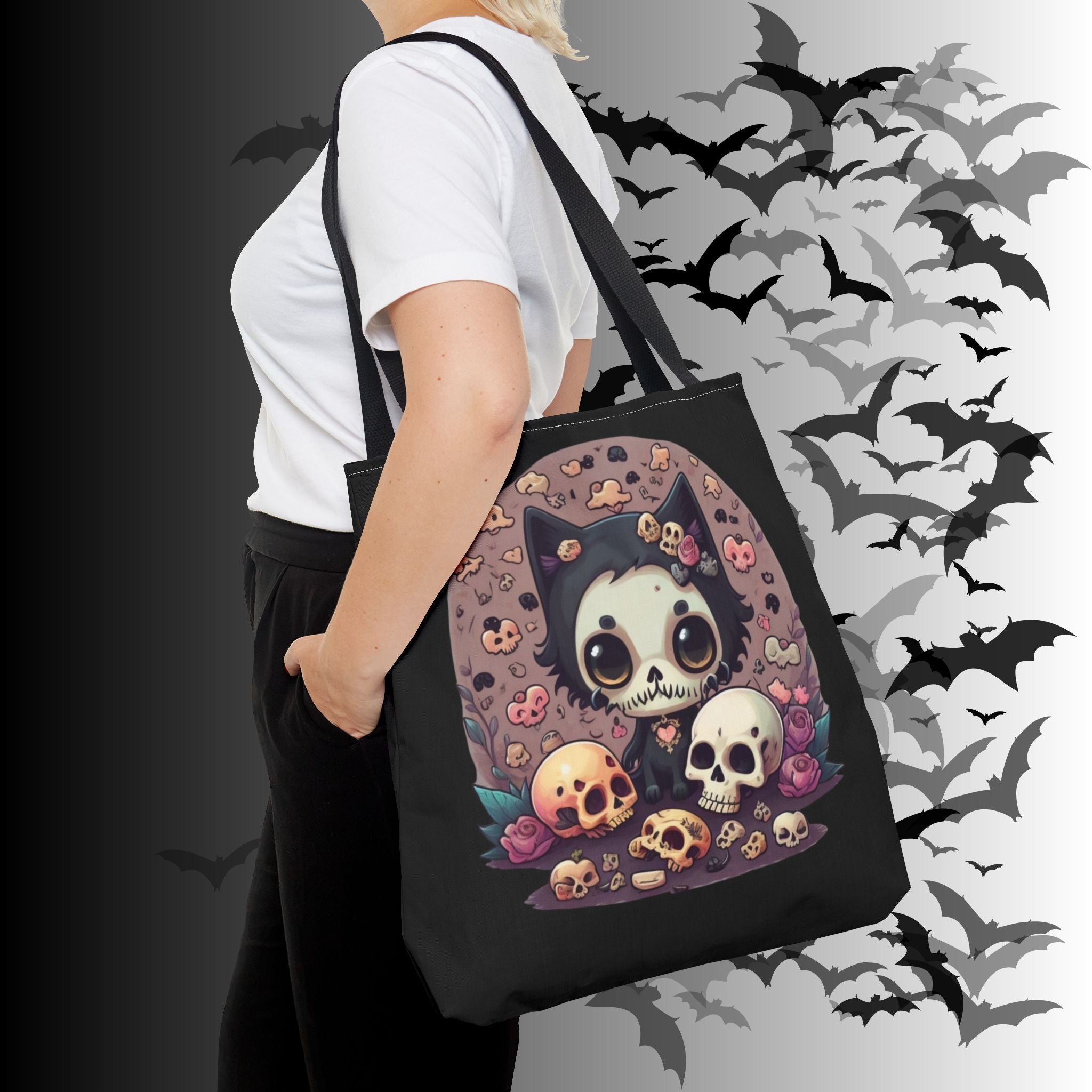 Kawaii Skull Cat Tote Bag — Gothic Cute Skull Illustration