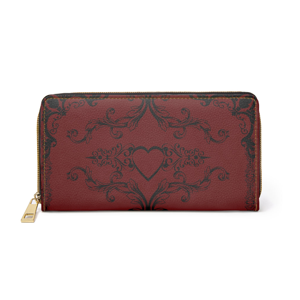 Dark Academia Gothic Heart Wallet | Crimson Floral Faux Leather Zipper Clutch