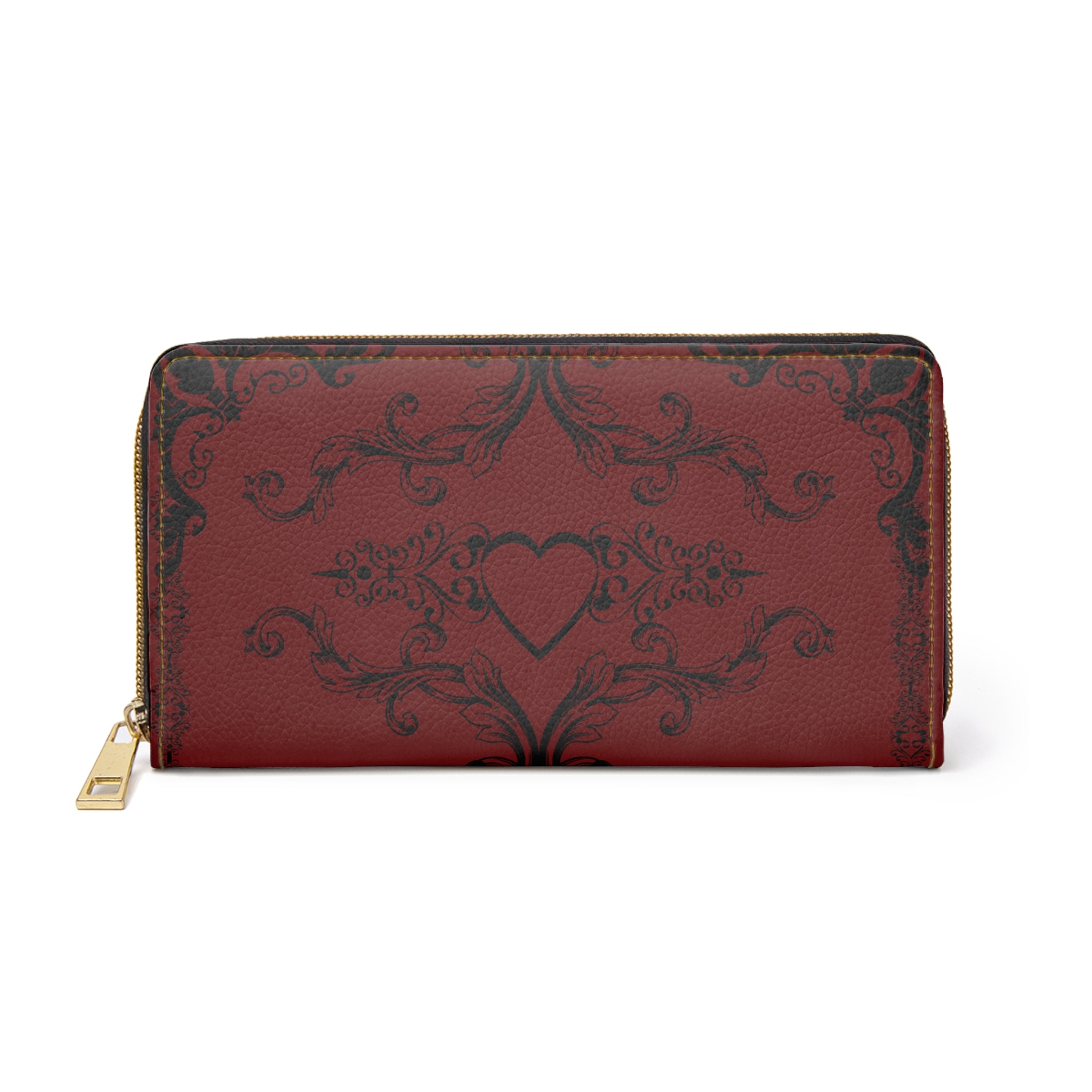 Dark Academia Gothic Heart Wallet | Crimson Floral Faux Leather Zipper Clutch