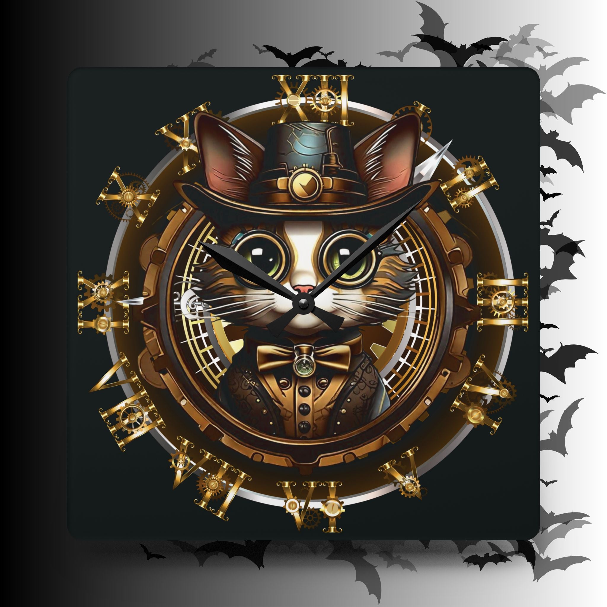 Steampunk Cat Wall Clock — Victorian Gear Acrylic Art Print Home Decor