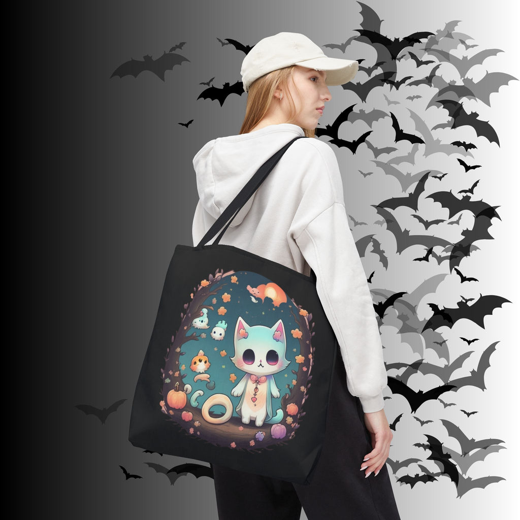 Pastel Goth Kawaii Cat Halloween Tote Bag — Moonlit Forest Scene
