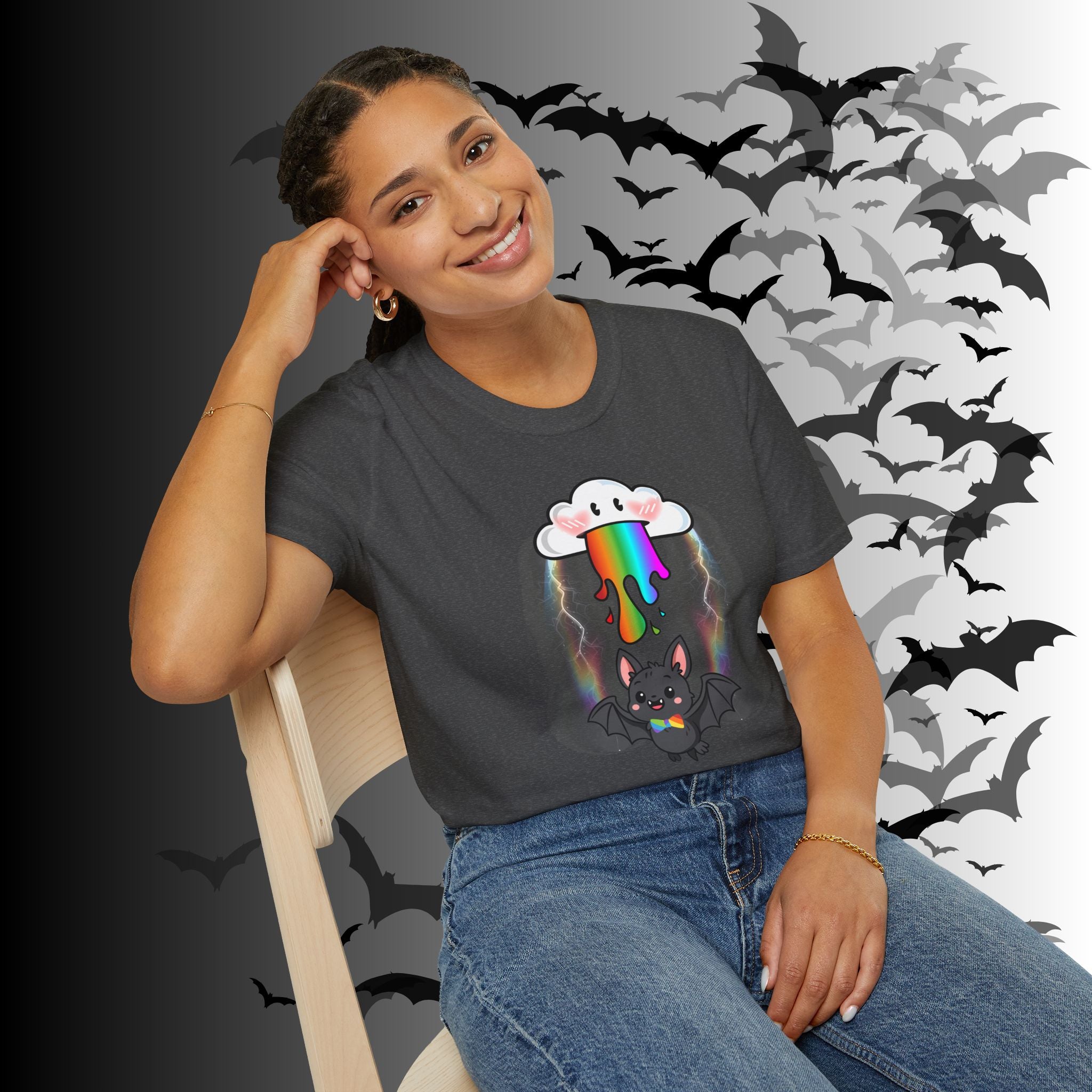 Rainbow Vomit Cloud Bat T-Shirt — Kawaii Goth Pride Unisex Tee