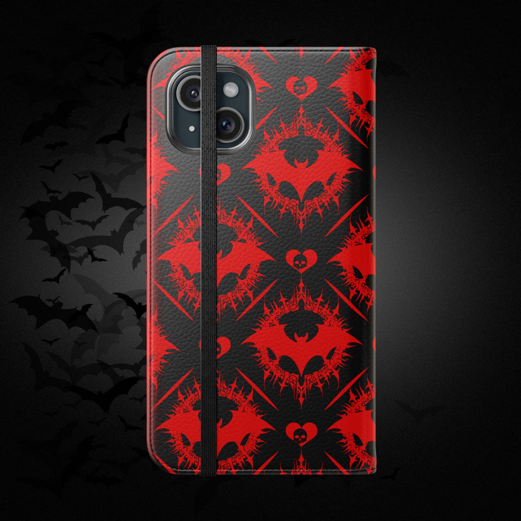 Gothic Bat Wallet Flip Case - Elegant Goth Phone Wallet - Bat Pattern Flip Case - Gothic Phone Case - Stylish Wallet Phone Case