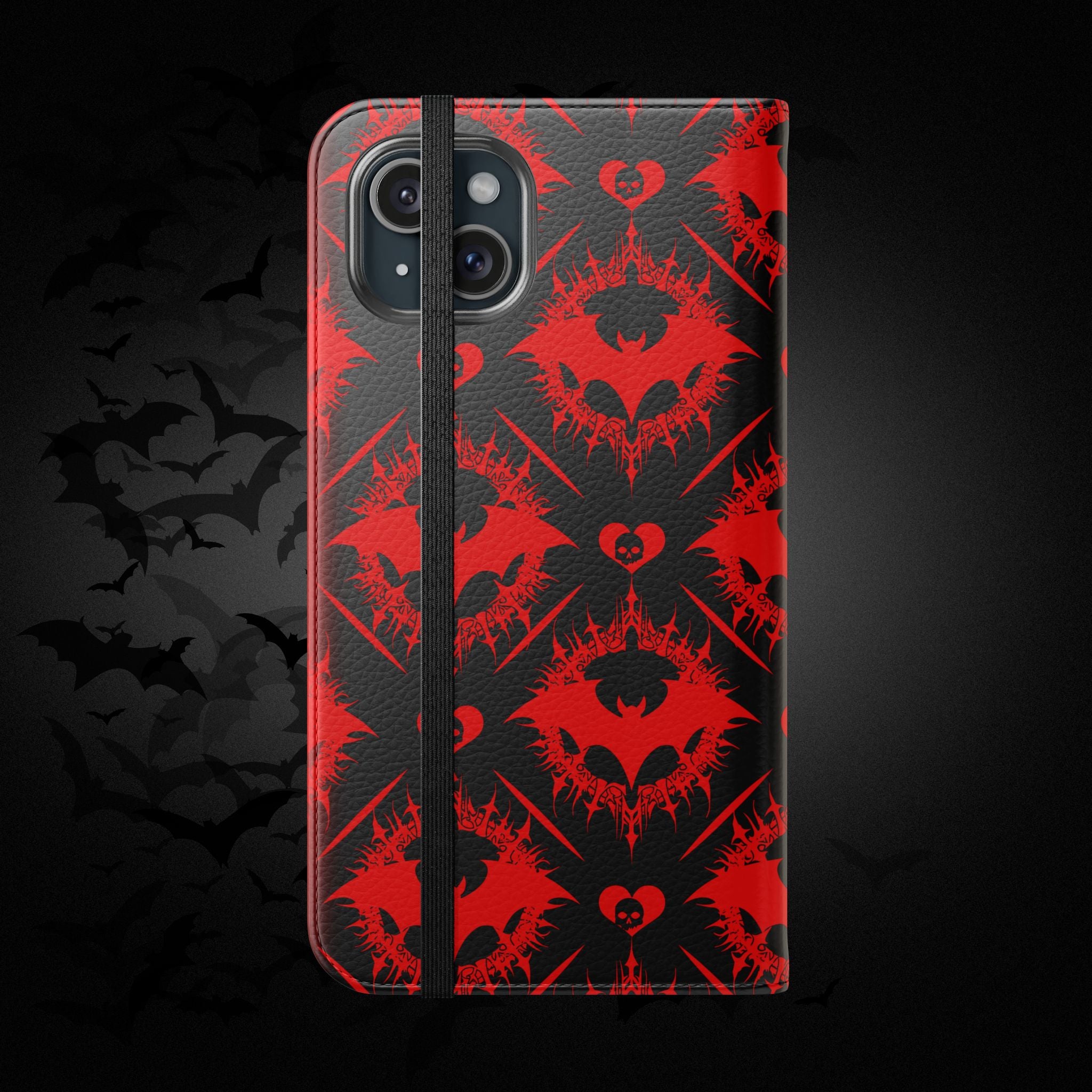 Gothic Bat Wallet Flip Case - Elegant Goth Phone Wallet - Bat Pattern Flip Case - Gothic Phone Case - Stylish Wallet Phone Case