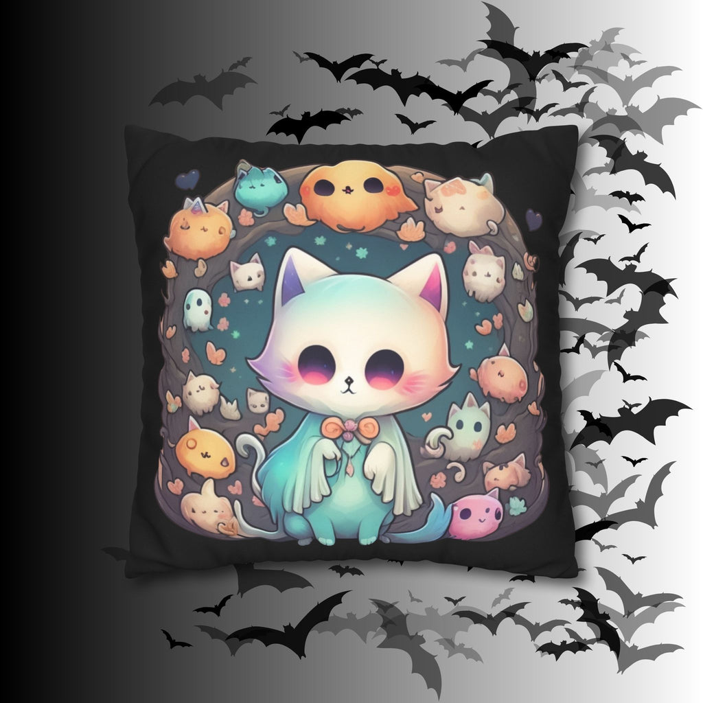 Creepy Cute Kawaii Ghost Cat Throw Pillow — Pastel Goth Dark Home Decor