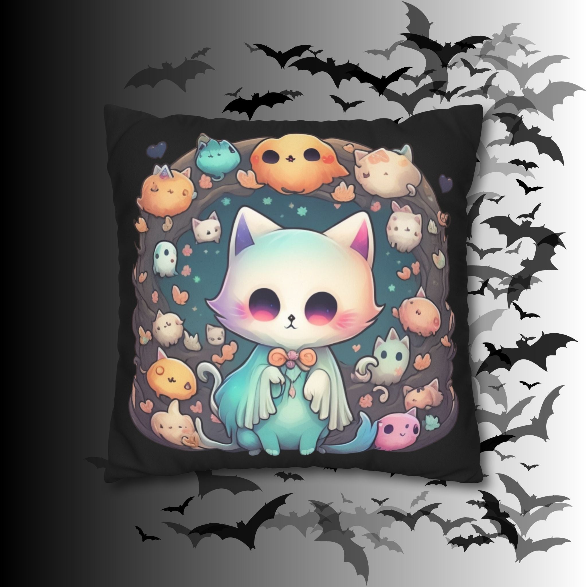 Creepy Cute Kawaii Ghost Cat Throw Pillow — Pastel Goth Dark Home Decor
