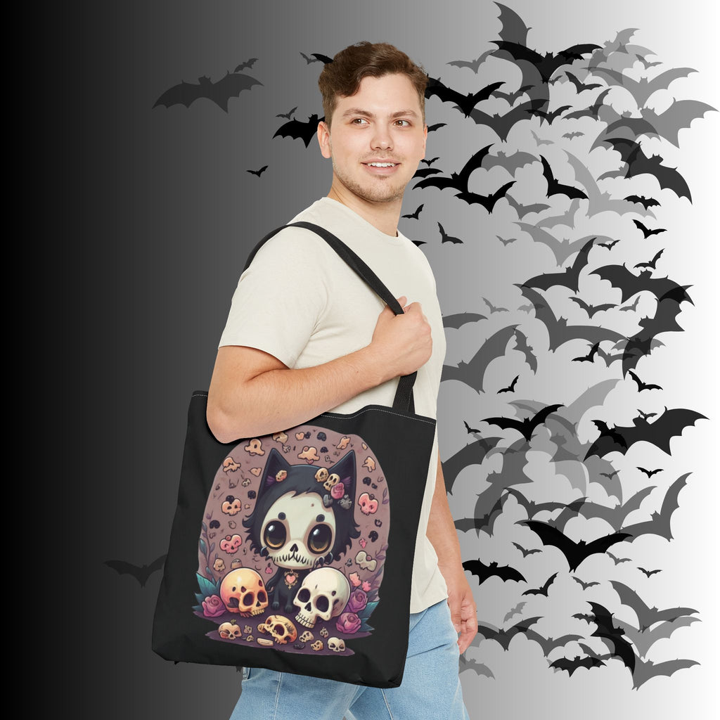 Kawaii Skull Cat Tote Bag — Gothic Cute Skull Illustration