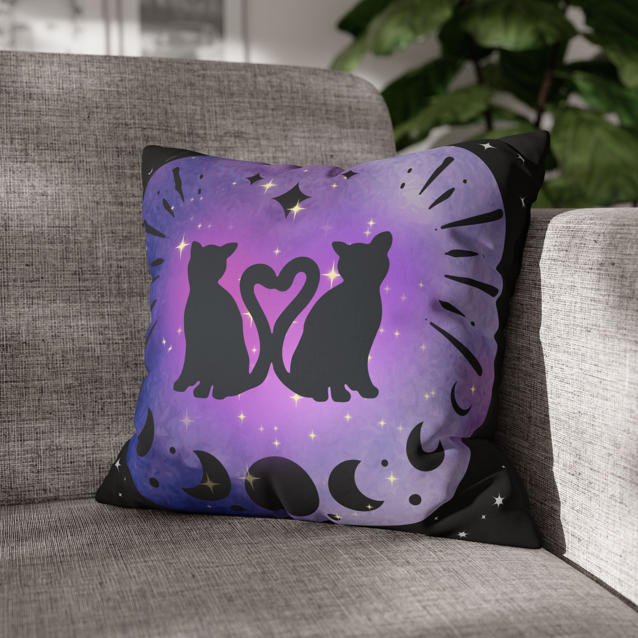 Lunar Love Cats Moon Phases Throw Pillow — Celestial Gothic Dark Home Decor