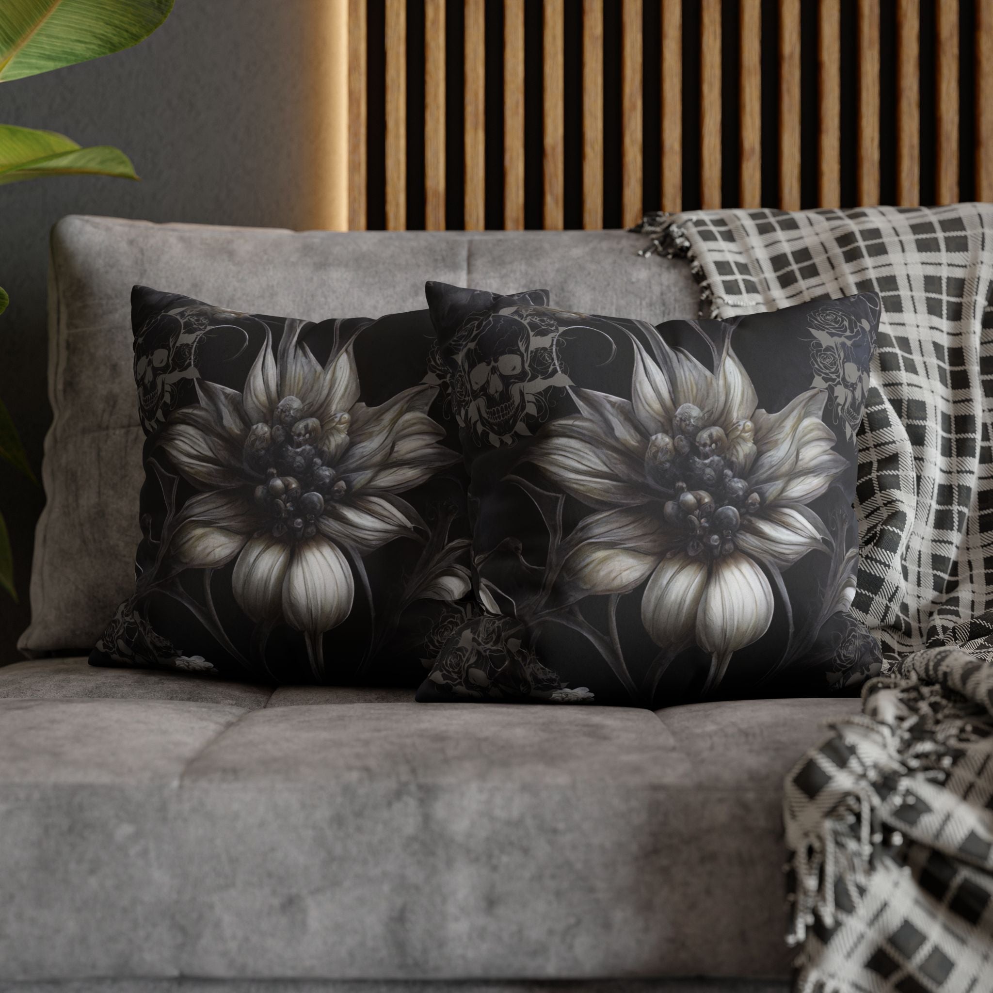 Gothic Skull Botanical Sunflower Throw Pillow — Dark Floral Home Decor