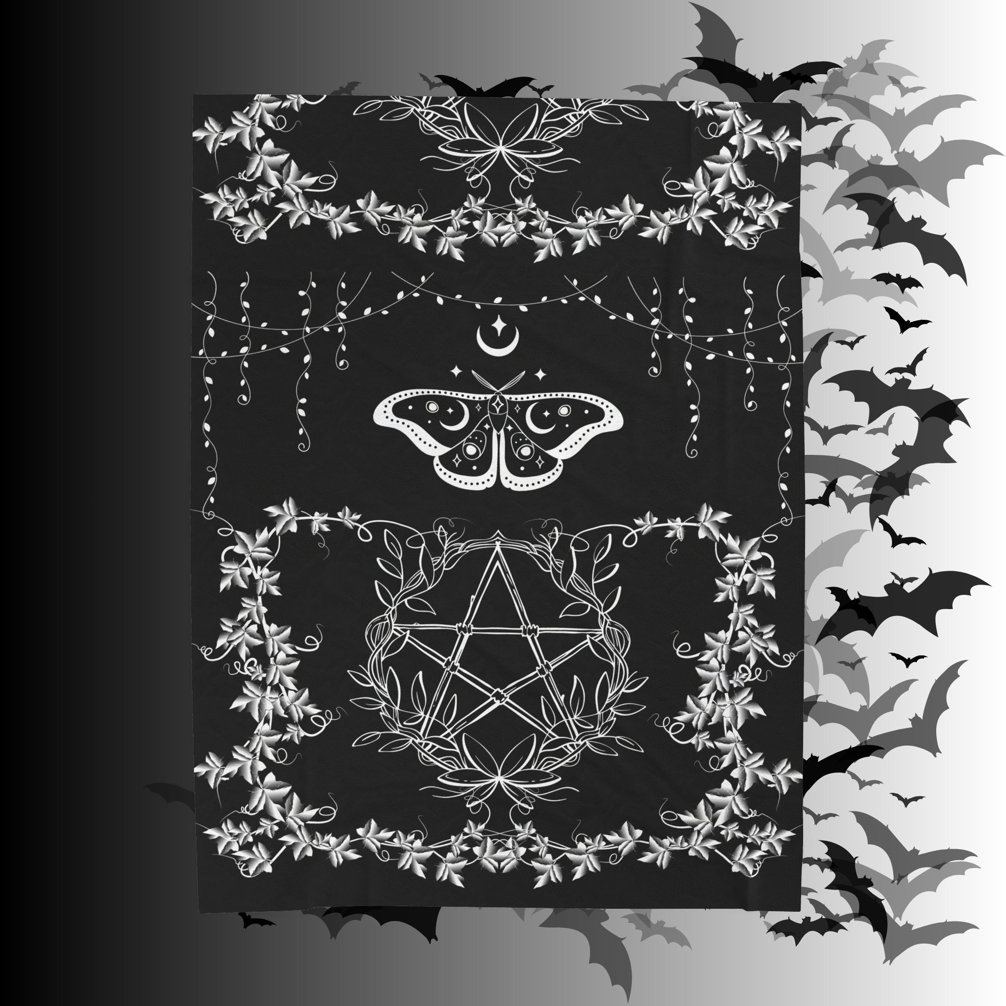 Witchy Luna Moth Pentagram Throw Blanket — Gothic Botanical Home Decor