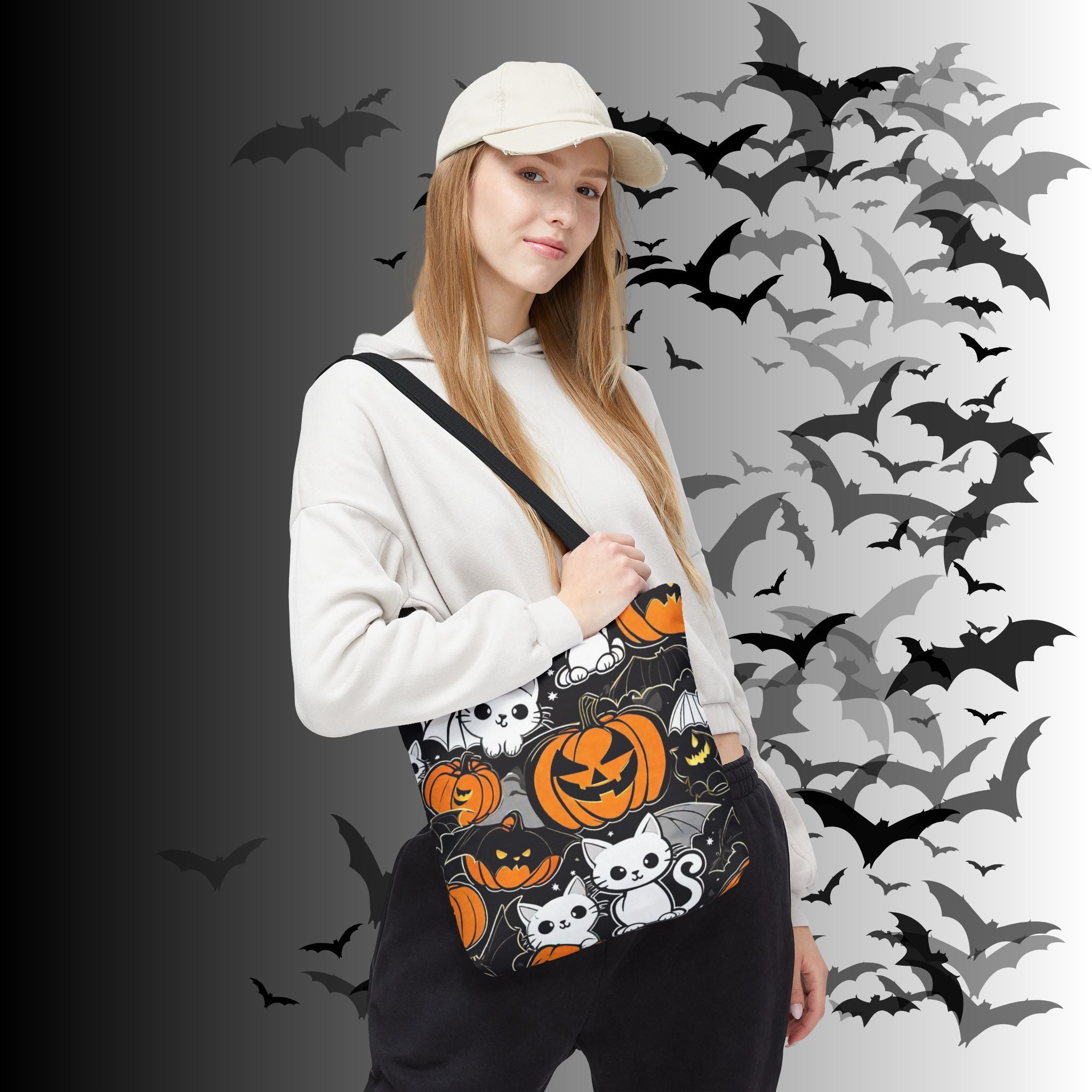 Kawaii Bat Cat Halloween Tote Bag — Dark Pumpkin Pattern