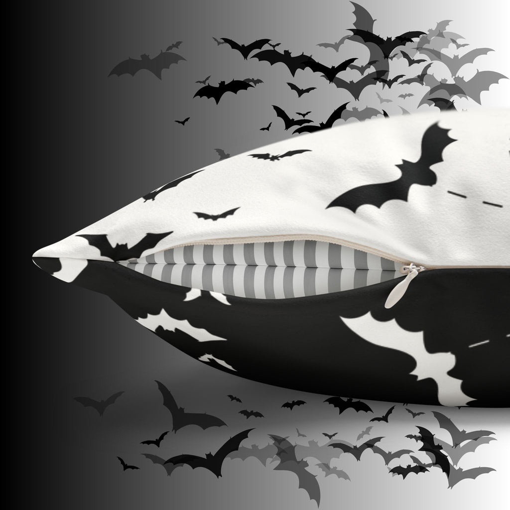 Gothic Bats Heart Throw Pillow — Black White Halloween Dark Home Decor