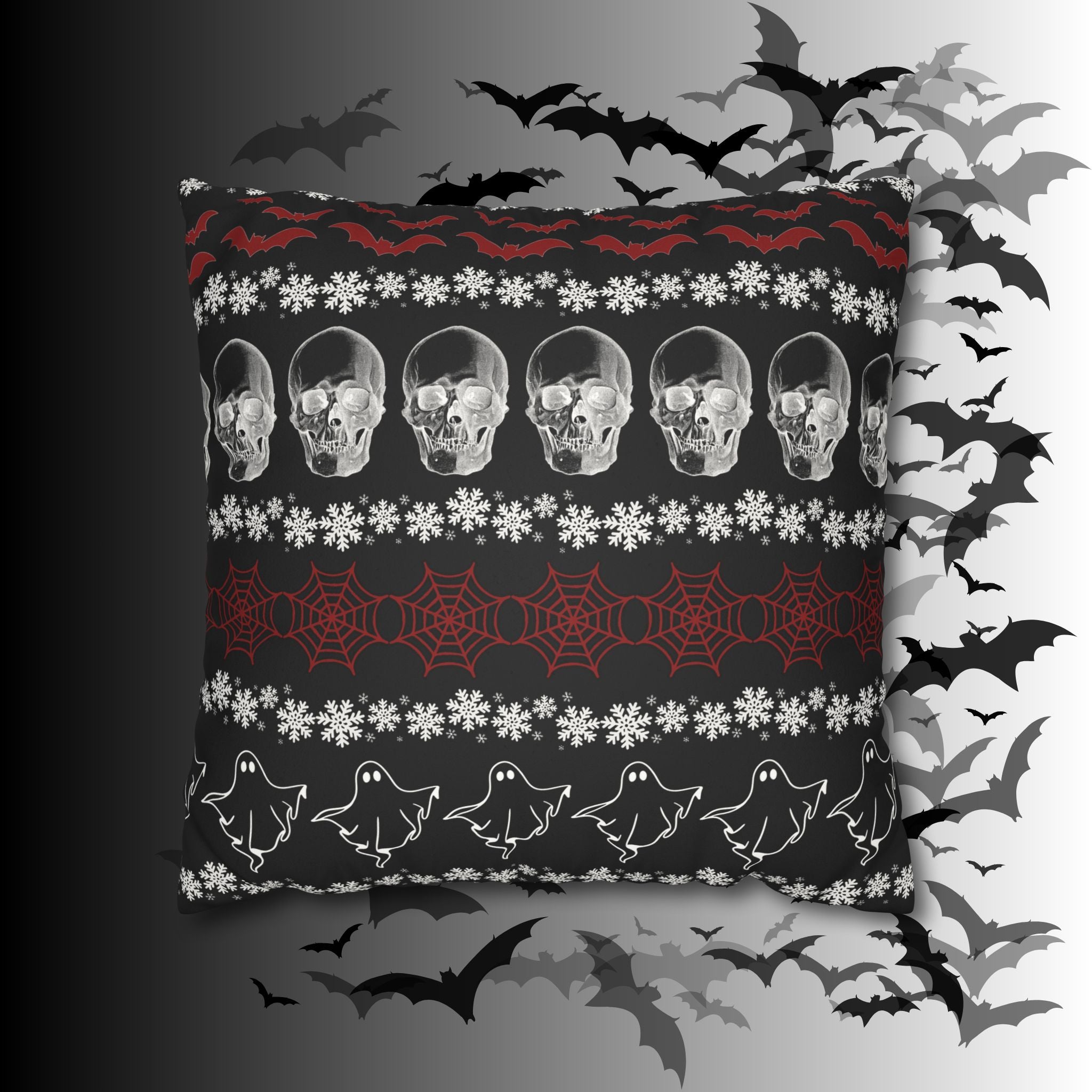 Merry Creepmas Gothic Ugly Sweater Throw Pillow — Goth Holiday Dark Home Decor