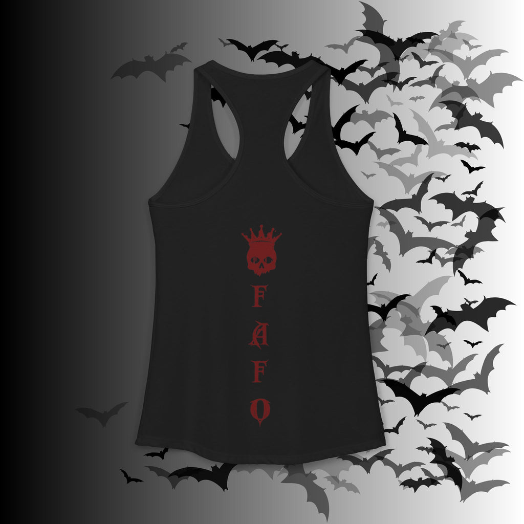"FAFO" I Identify As A Threat Racerback Tank Top — Gothic Humor Front & Back
