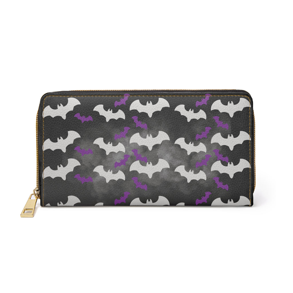 Gothic Bat Print Wallet | White & Purple Bat Pattern Faux Leather Zipper Clutch