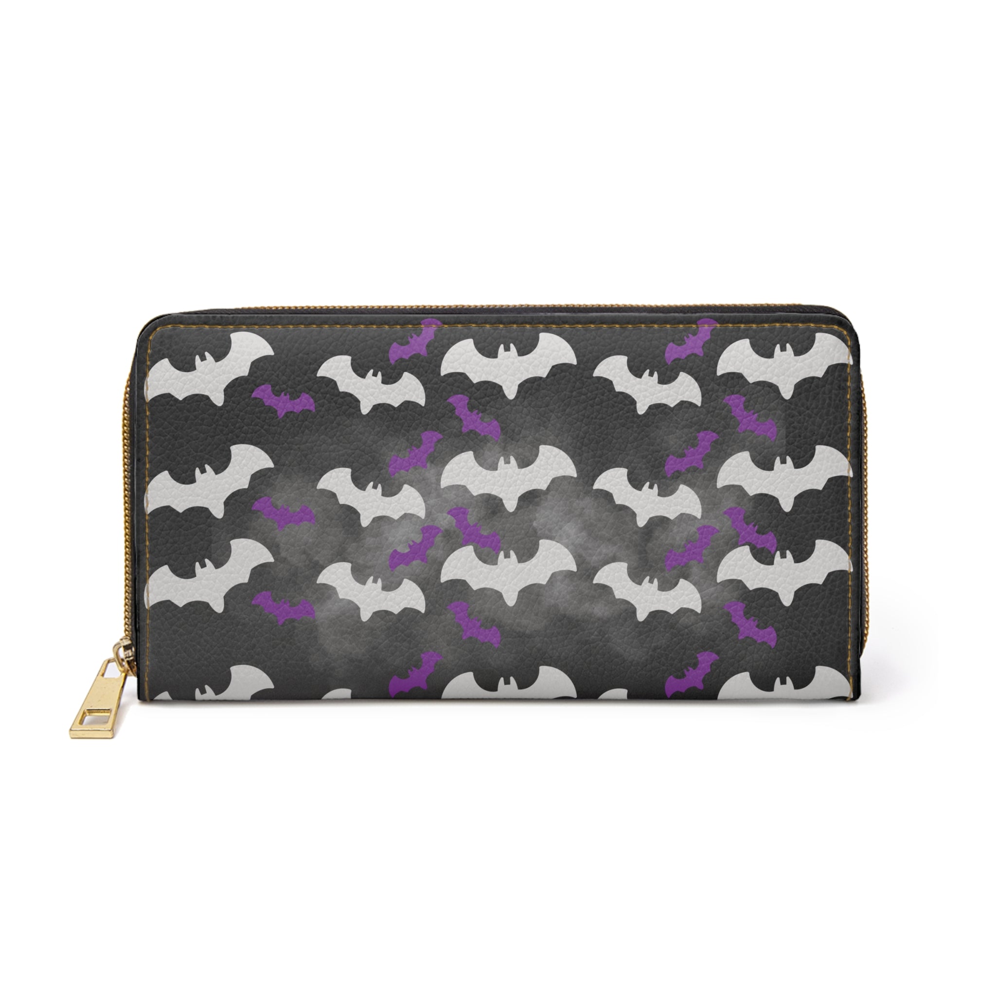 Gothic Bat Print Wallet | White & Purple Bat Pattern Faux Leather Zipper Clutch