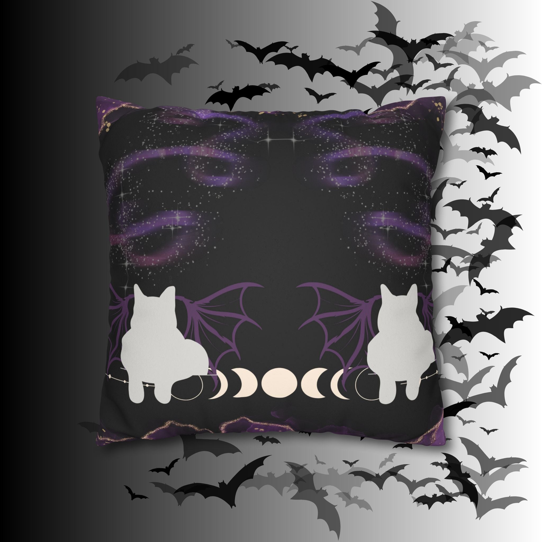 Gothic Bat Wing Cat Moon Phases Throw Pillow — Purple Celestial Dark Home Decor