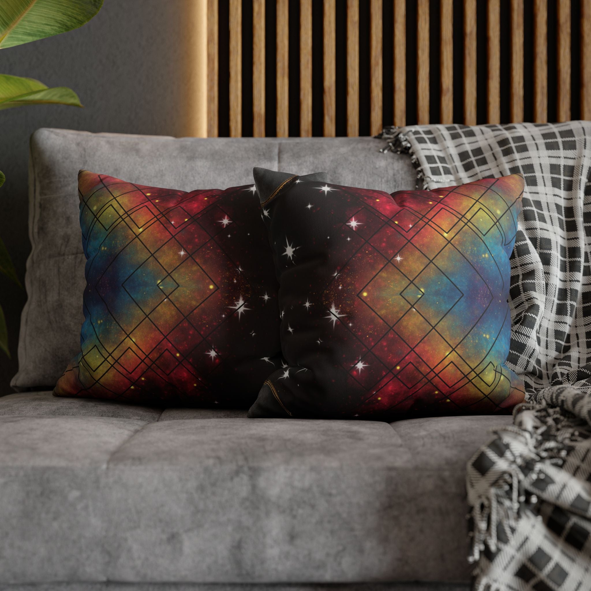 Rainbow Galaxy Geometric Throw Pillow — Celestial Cosmic Dark Home Decor