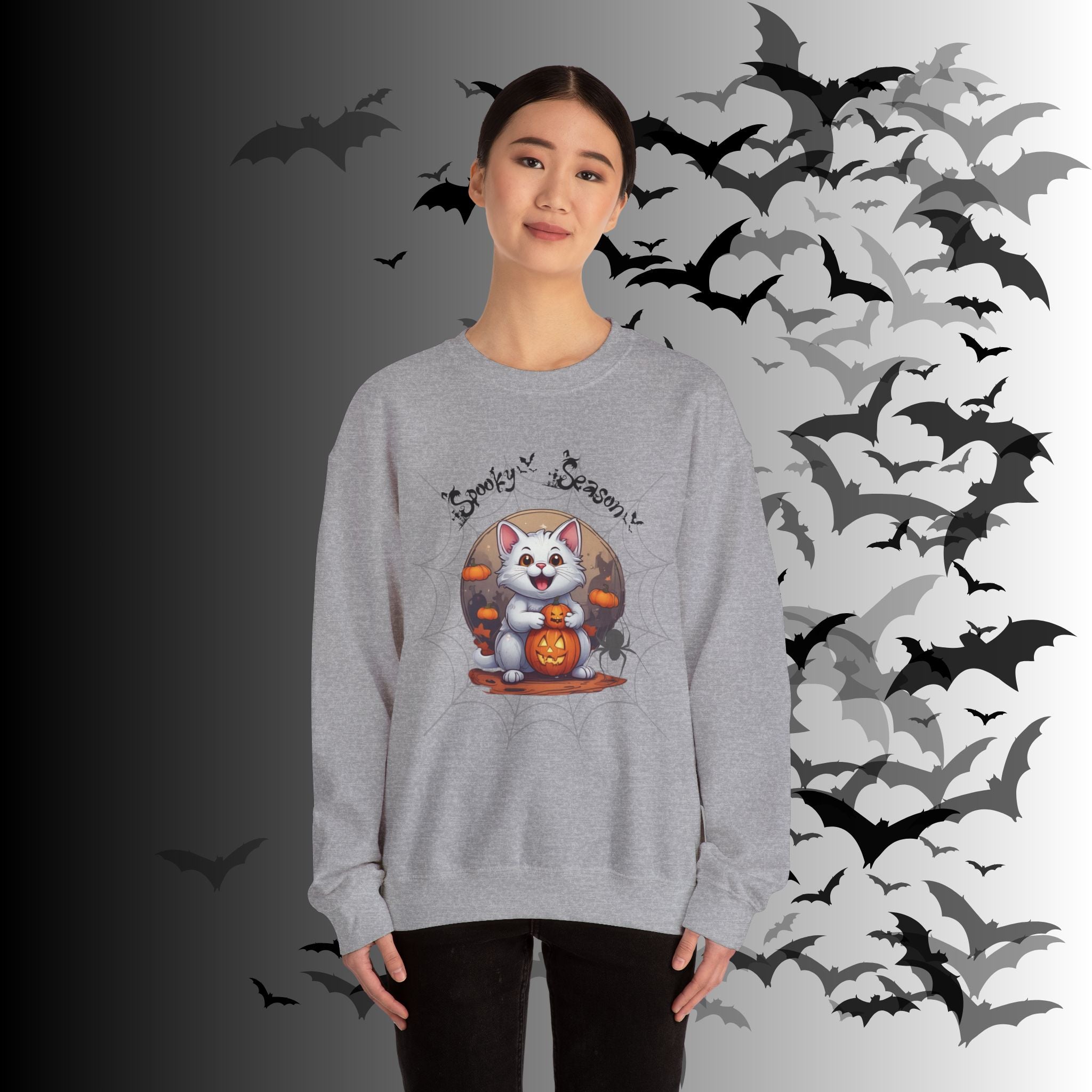 Spooky Season Cat Crewneck Sweatshirt — Kawaii Halloween Pumpkin