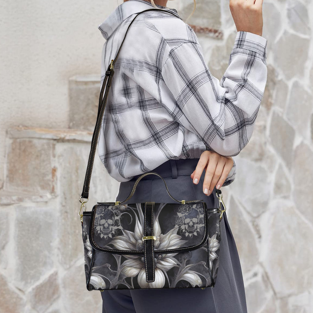 Gothic Botanical Skull Crossbody Bag | Dark Floral Lily Waterproof Canvas Satchel Purse