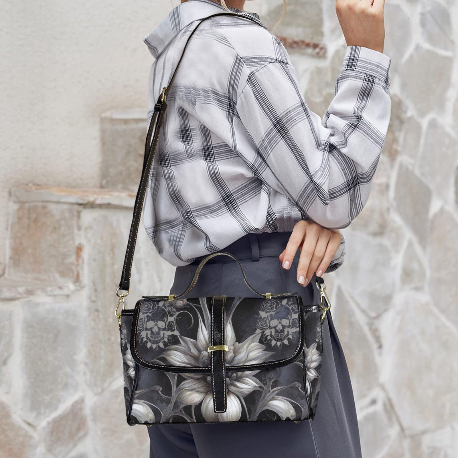 Gothic Botanical Skull Crossbody Bag | Dark Floral Lily Waterproof Canvas Satchel Purse