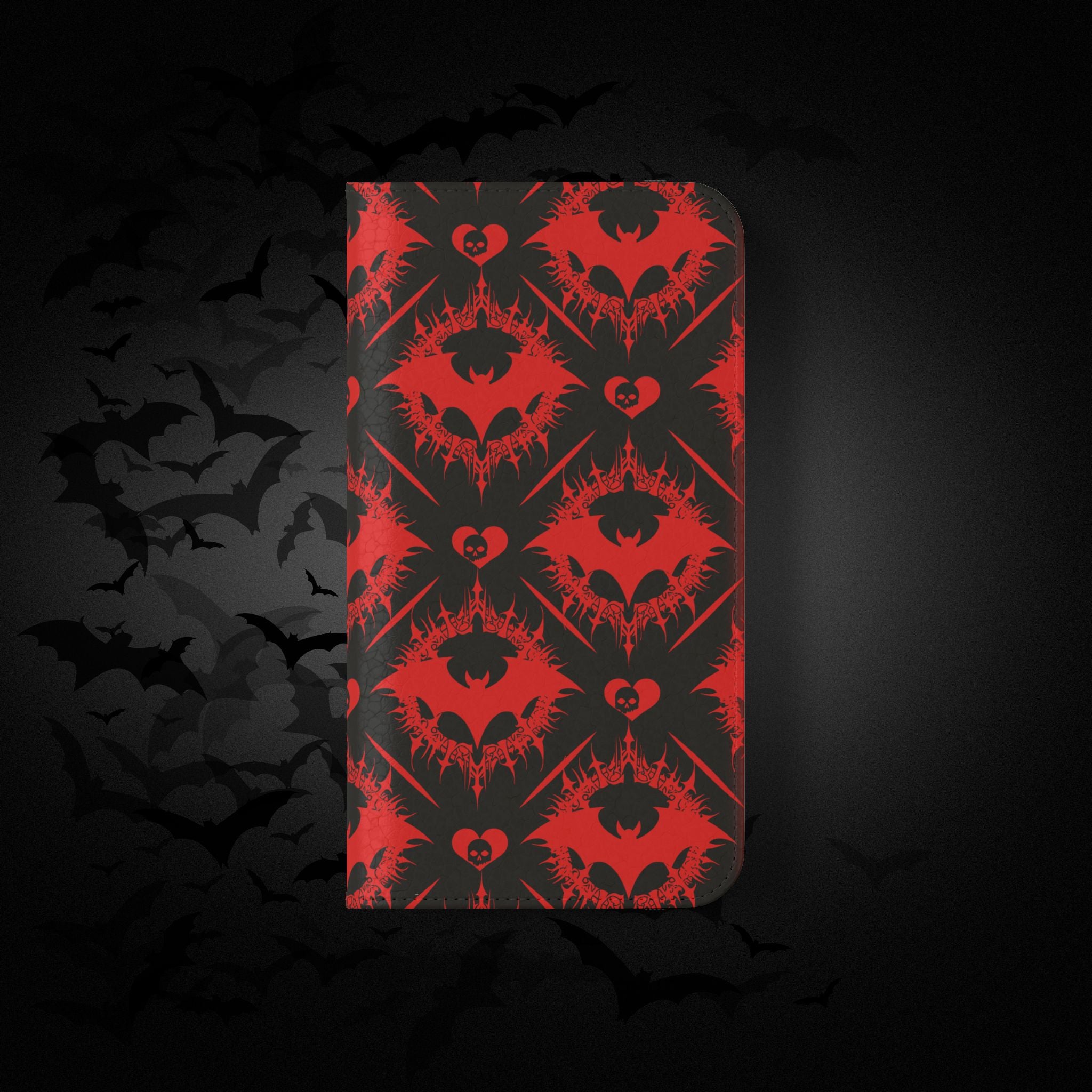 Gothic Bat Wallet Flip Case - Elegant Goth Phone Wallet - Bat Pattern Flip Case - Gothic Phone Case - Stylish Wallet Phone Case