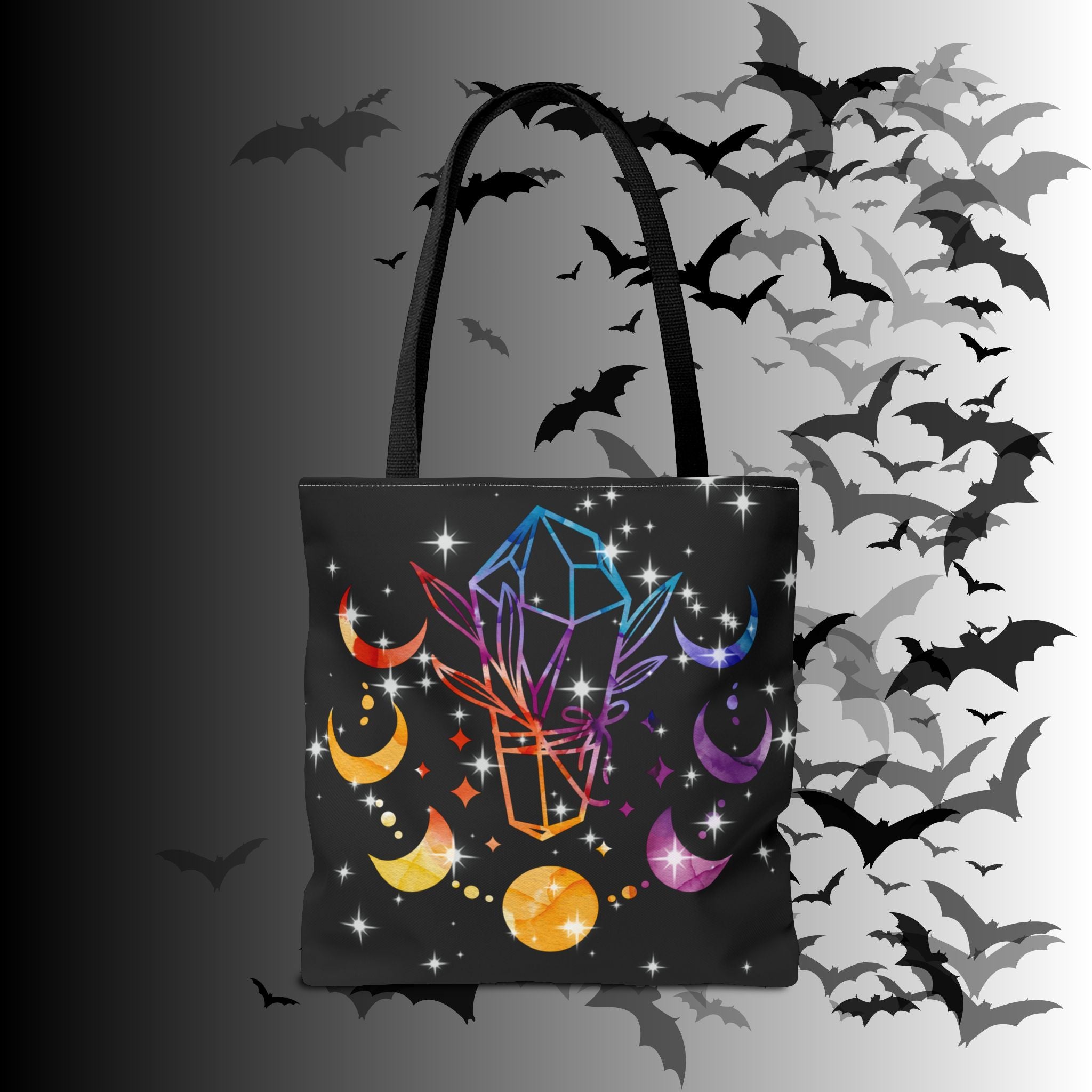 Rainbow Crystal Moon Phase Tote Bag — Celestial Witchy Print