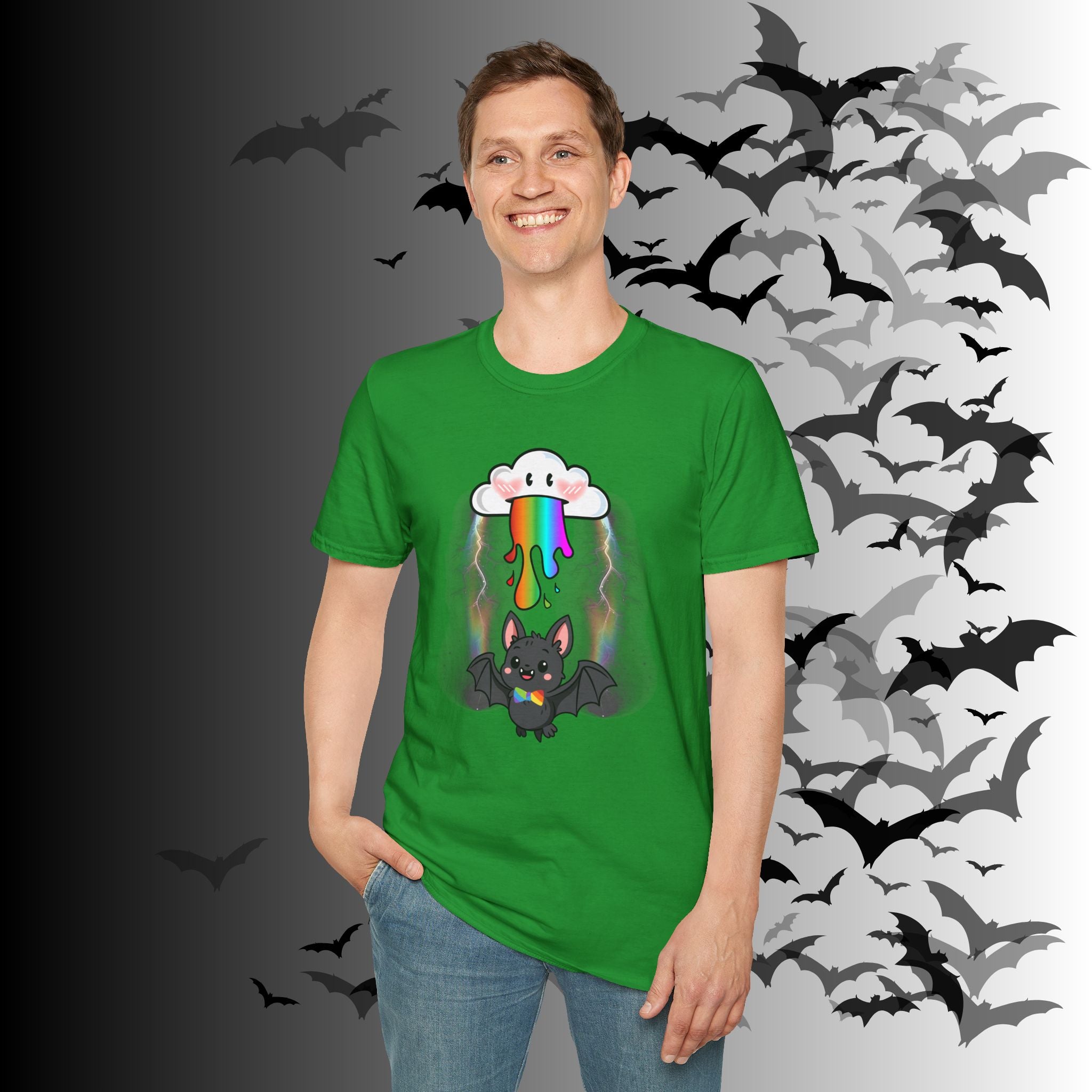 Rainbow Vomit Cloud Bat T-Shirt — Kawaii Goth Pride Unisex Tee