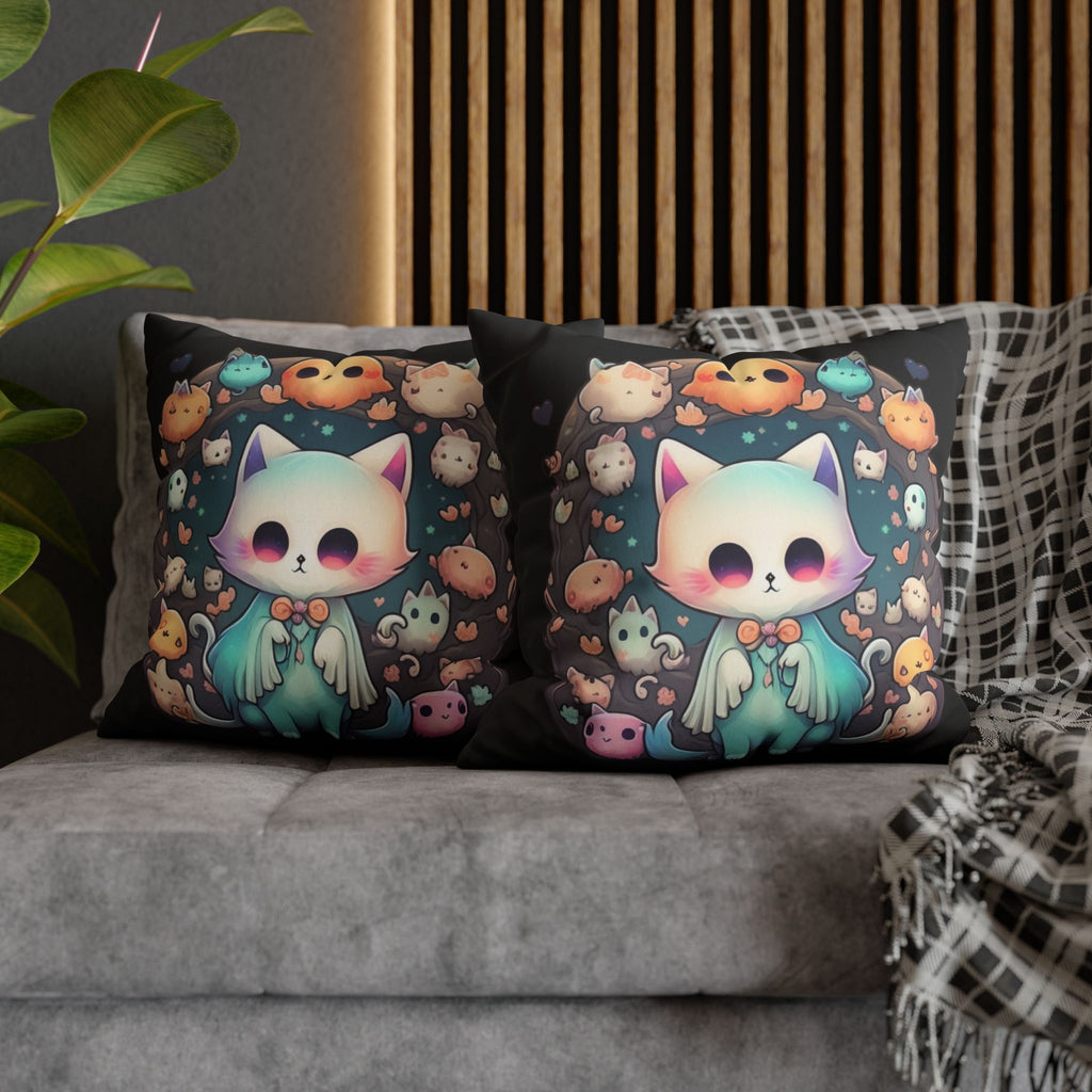 Two square throw pillows on a grey sofa featuring a pale blue wide-eyed kawaii cat in a flowing teal ghost costume with an orange bow tie, surrounded by dozens of tiny creatures including round brown blobs, miniature ghost kittens, teal slimes, and orange pumpkin-faced creatures inside a dark teal vignette on black