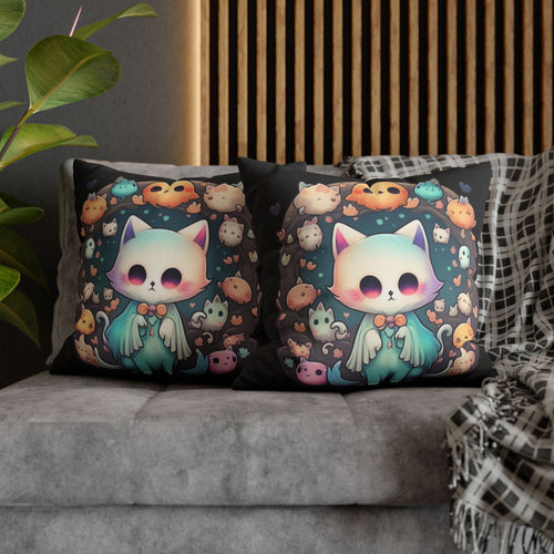 Two square throw pillows on a grey sofa featuring a pale blue wide-eyed kawaii cat in a flowing teal ghost costume with an orange bow tie, surrounded by dozens of tiny creatures including round brown blobs, miniature ghost kittens, teal slimes, and orange pumpkin-faced creatures inside a dark teal vignette on black