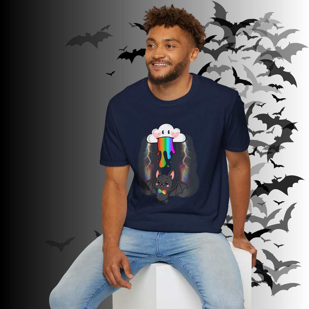 Rainbow Vomit Cloud Bat T-Shirt — Kawaii Goth Pride Unisex Tee