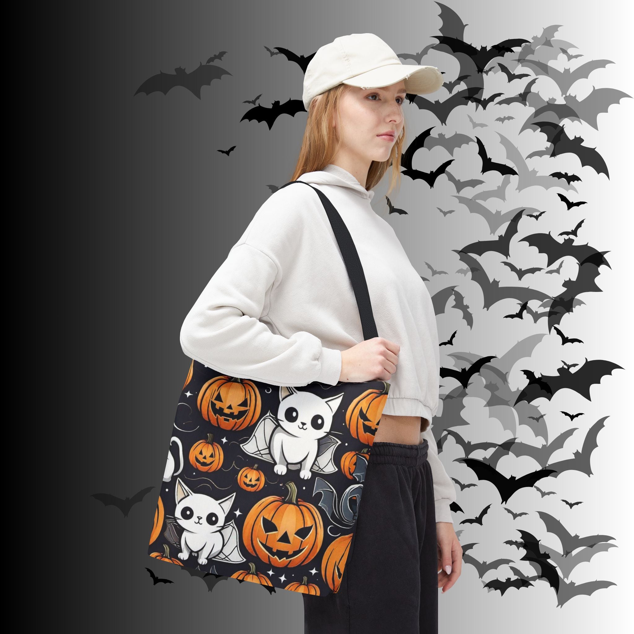 Kawaii Bat Cat Halloween Tote Bag — Spooky Pumpkin Pattern
