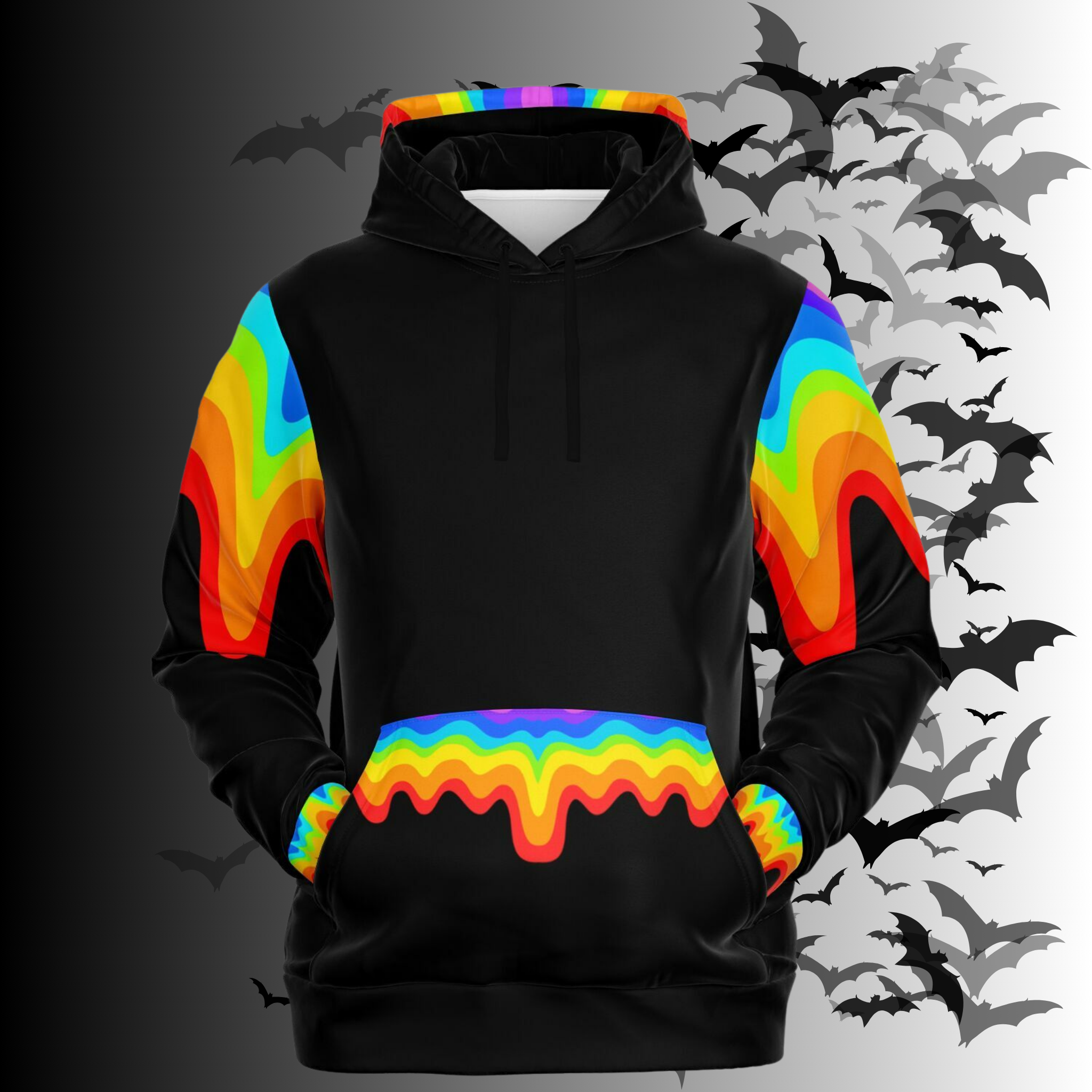 Rainbow Vomit Cloud Bat All Over Print Pullover Hoodie — Kawaii Goth Pride Unisex AOP Hoodie