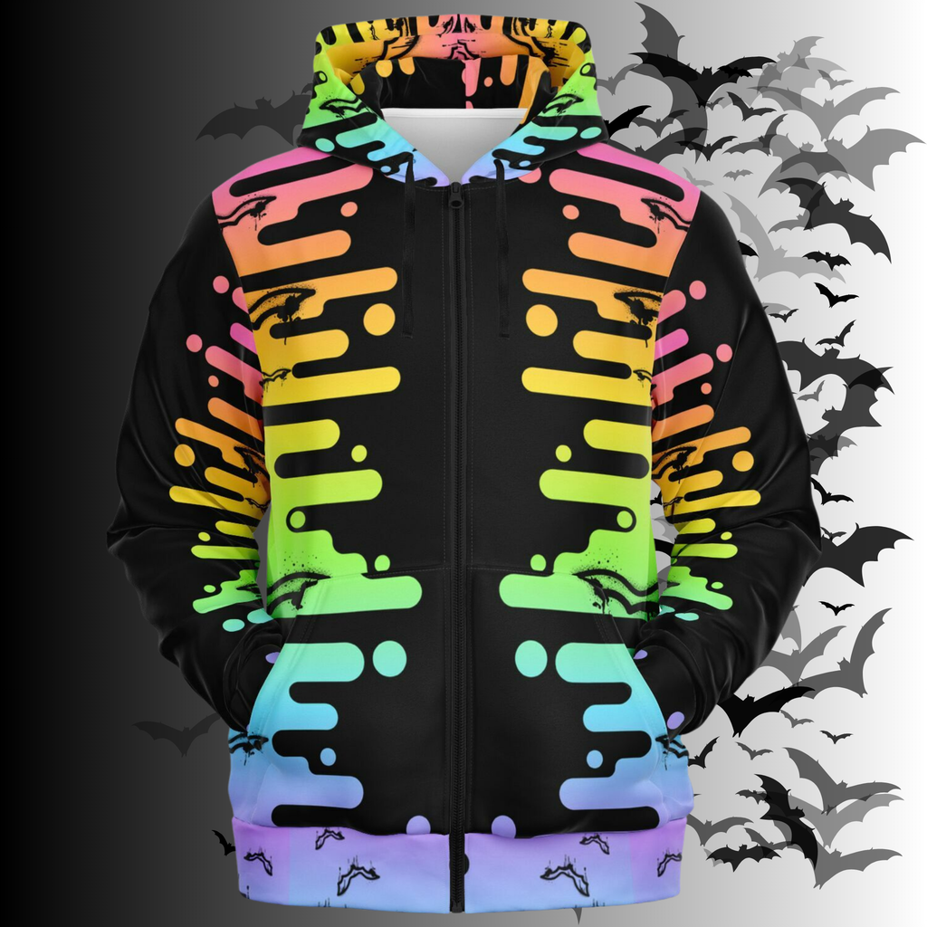 Colorful hoodie with abstract design on a dark background with bats.