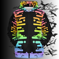 Colorful hoodie with abstract design on a dark background with bats.