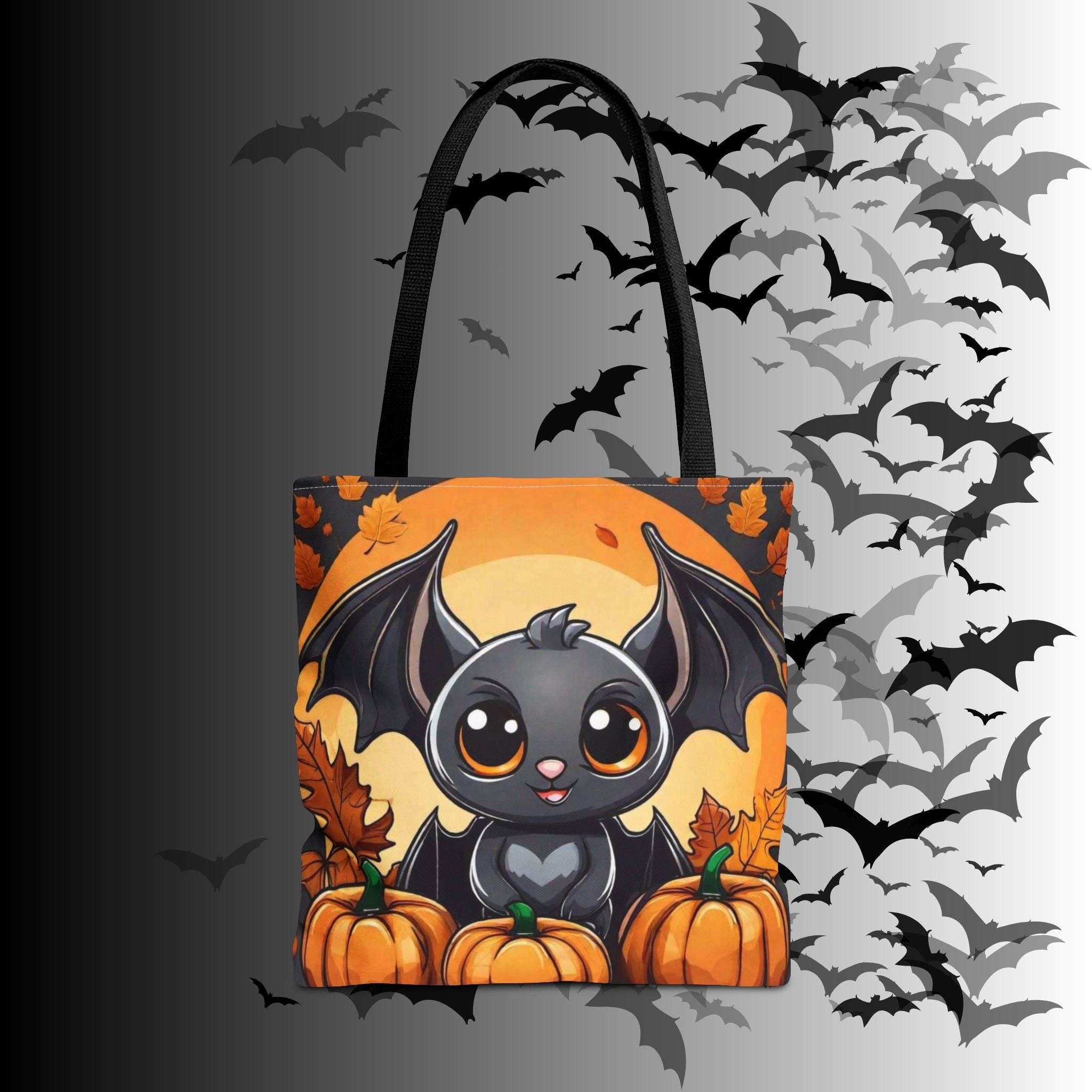 Kawaii Bat & Pumpkin Halloween Tote Bag — Autumn Full Moon Print