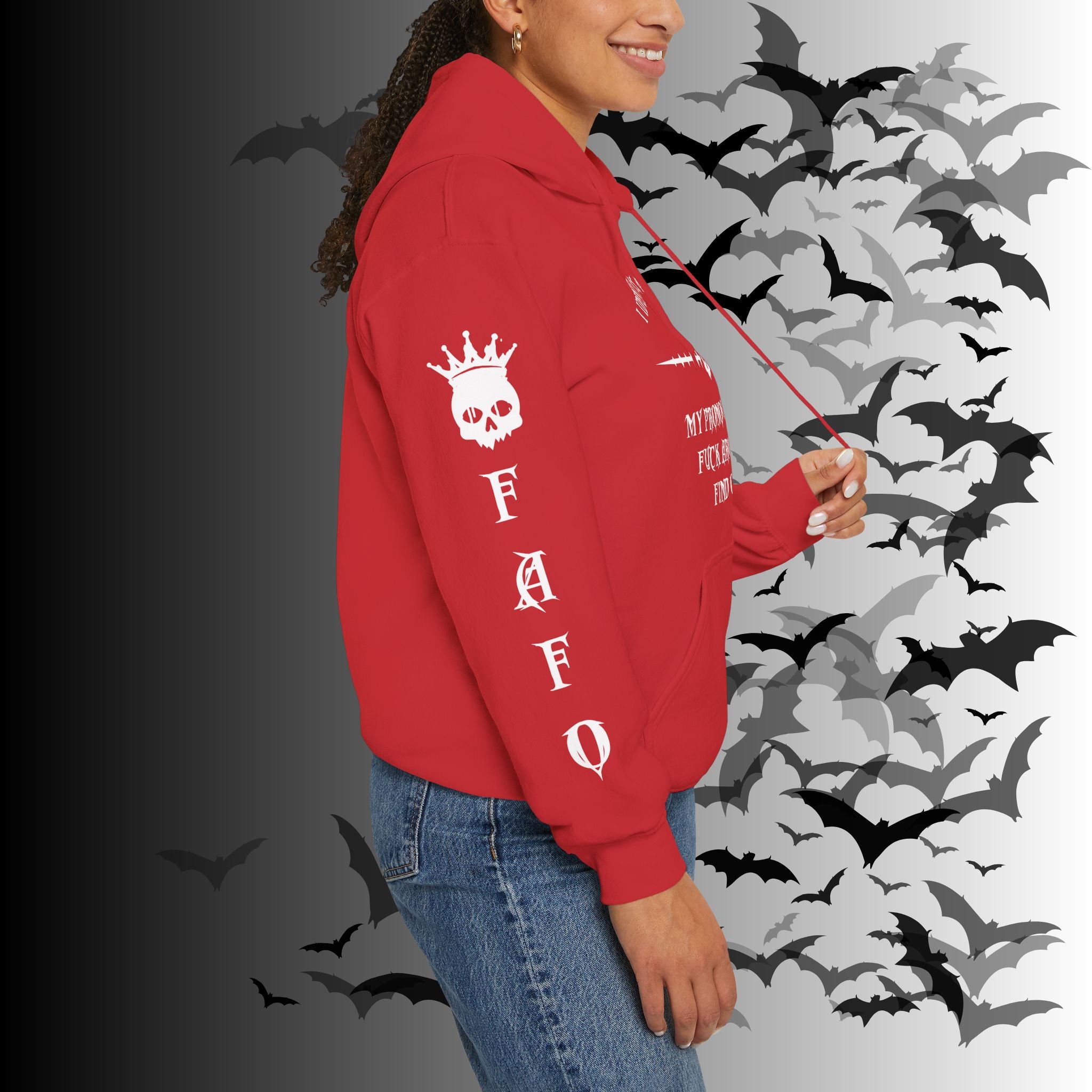 I Identify As a Threat Hoodie — Gothic Skull Sleeve Print FAFO Black