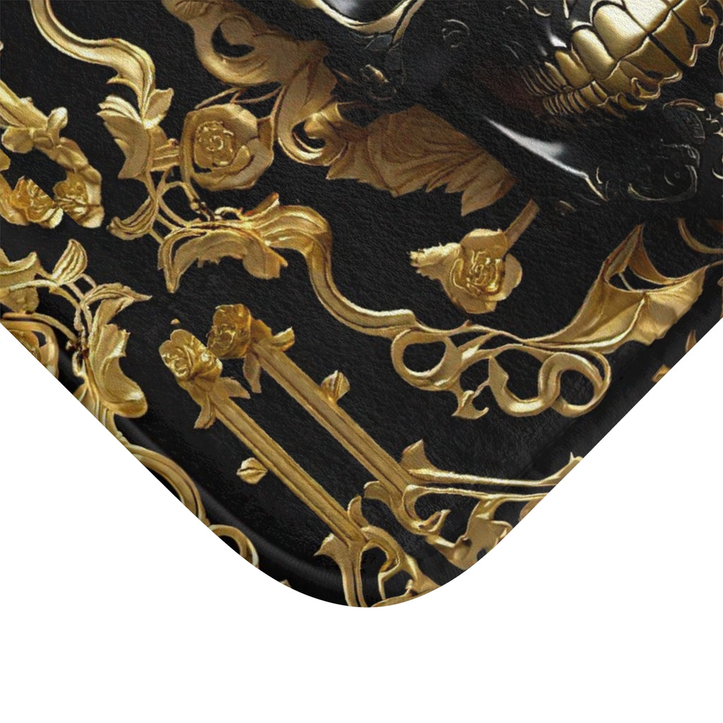 Gothic Black & Gold Skull Bath Mat — Luxury Baroque Bathroom Decor