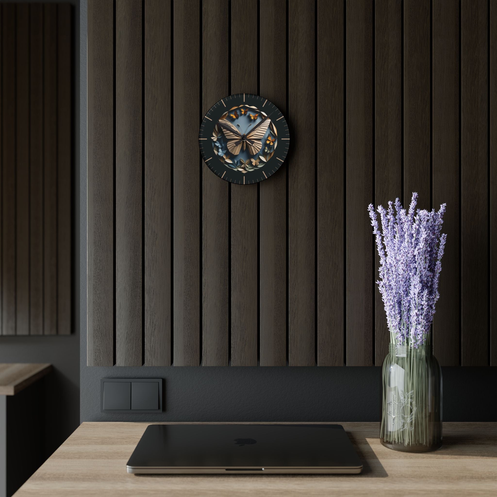 Origami Style Butterfly Acrylic Art Print Wall Clock — NOT Real Origami, Modern Zen Home Decor