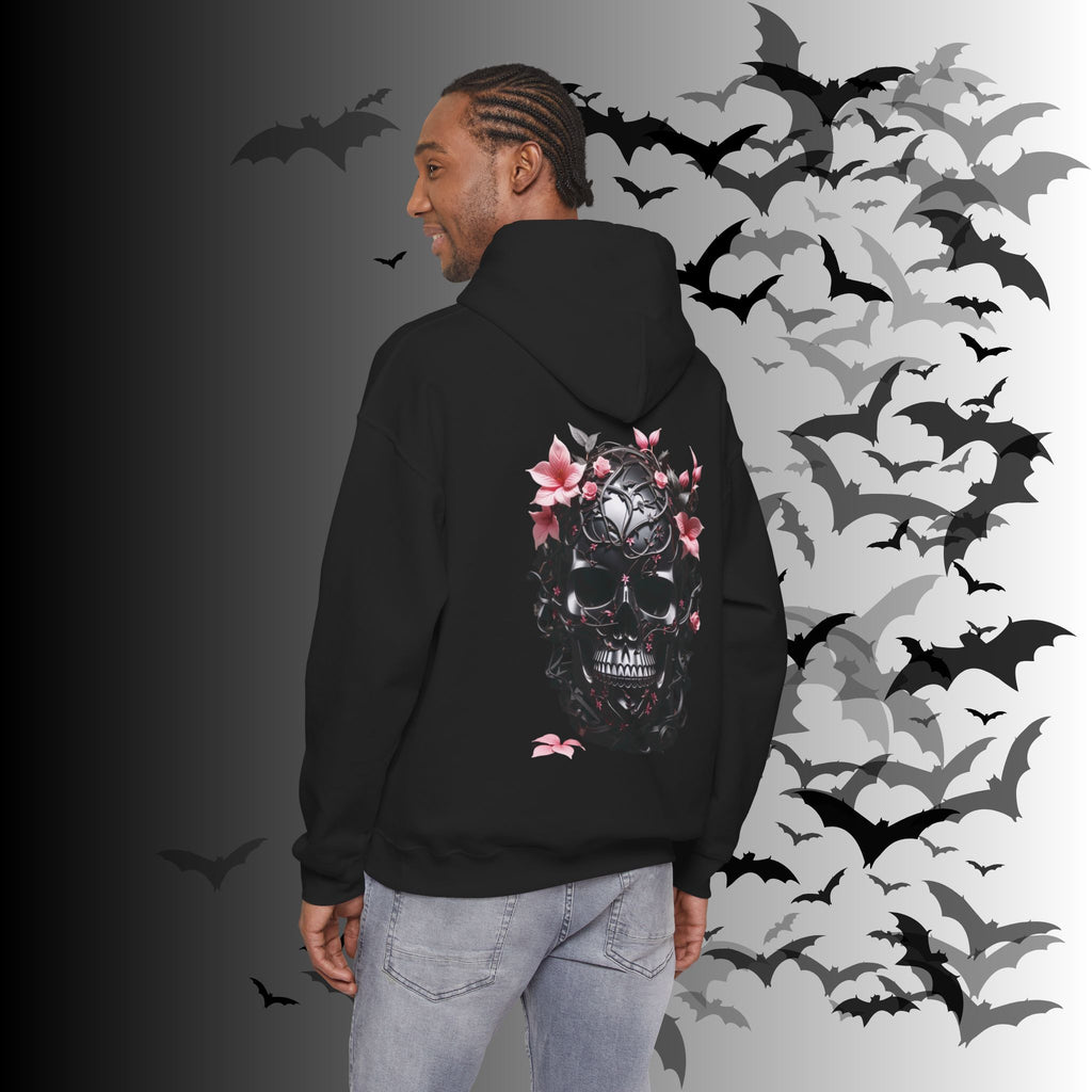 Gothic Floral Skull Hoodie — Black Ornate Skull Pink Flower Back Print Pullover