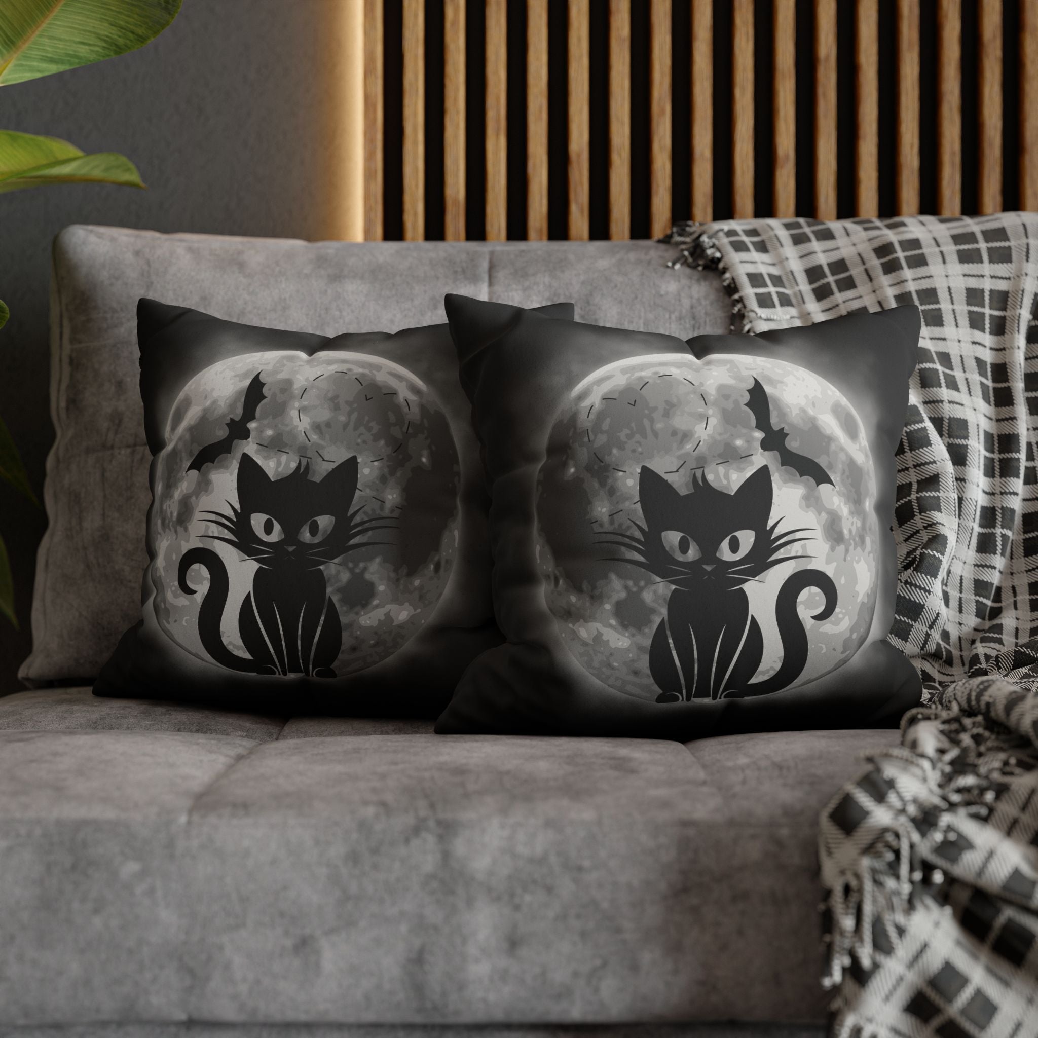 Gothic Black Cat Full Moon Throw Pillow — Bat Dark Home Decor