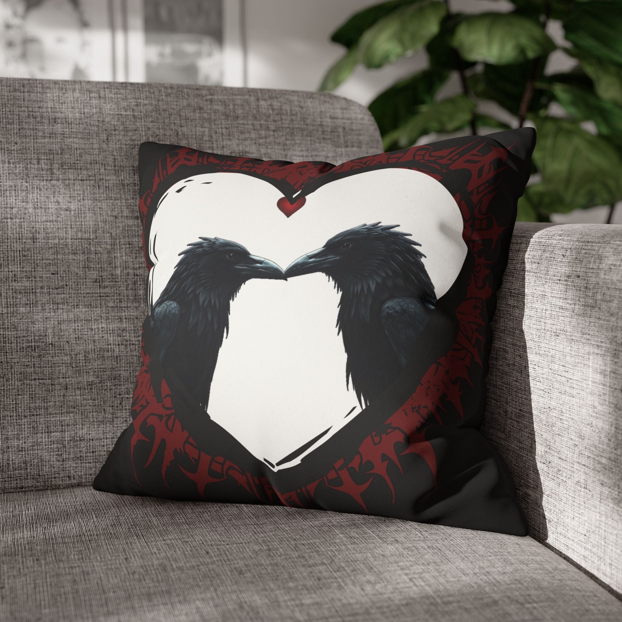 Gothic Ravens Love Heart Throw Pillow — Dark Valentine Gothic Home Decor