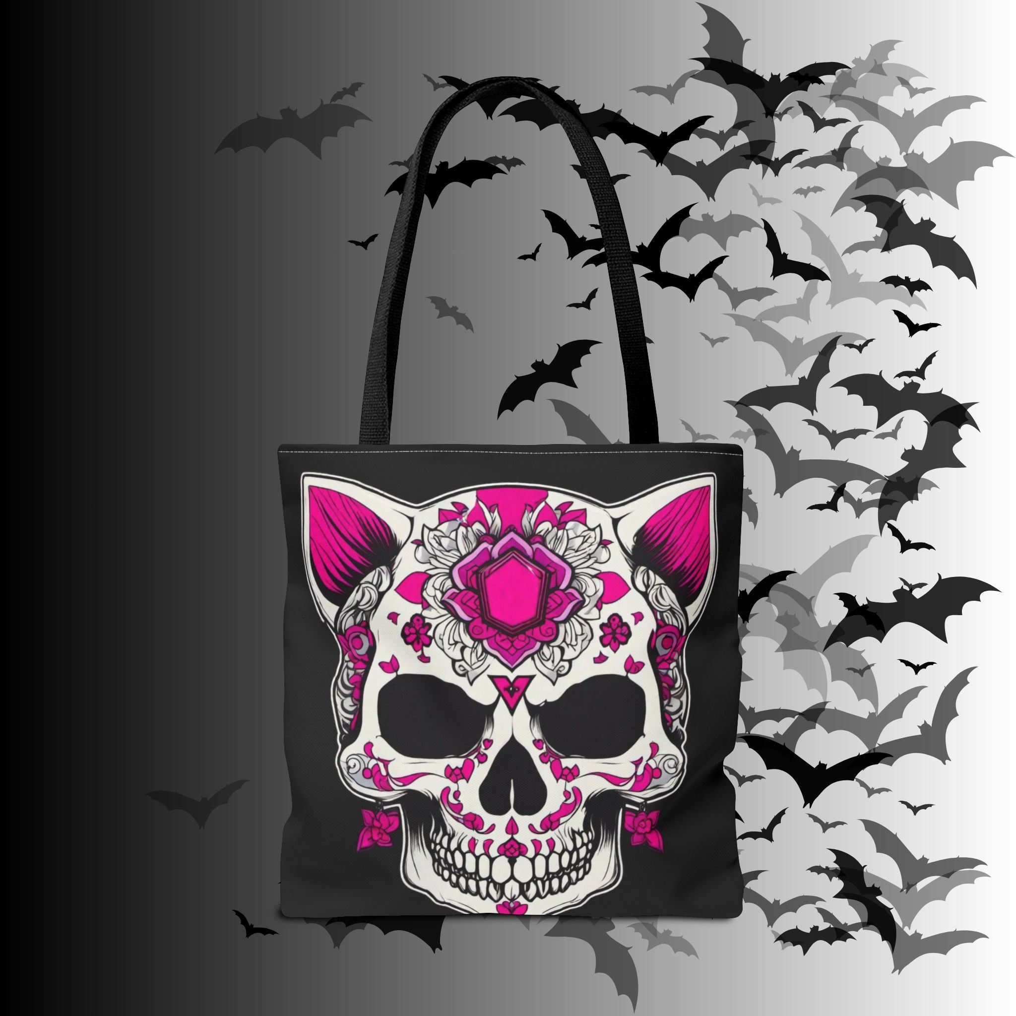 Pink Sugar Skull Cat Tote Bag — Day of the Dead Floral Design