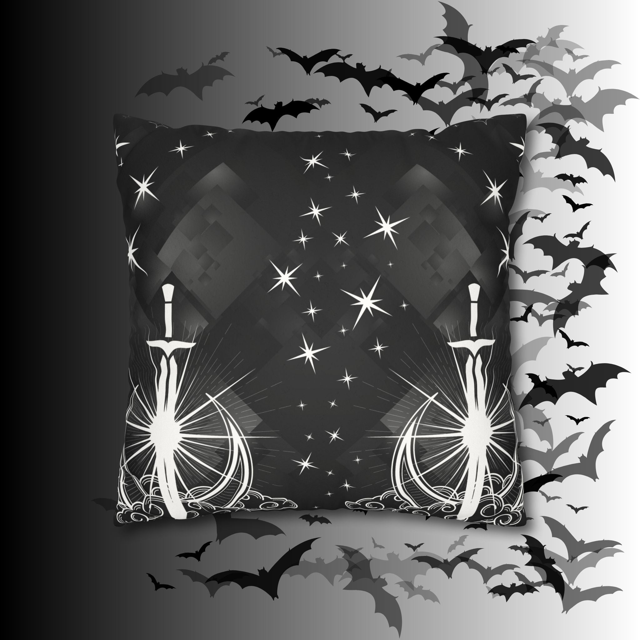 Gothic Moon Sword Celestial Throw Pillow — Dark Witchy Home Decor
