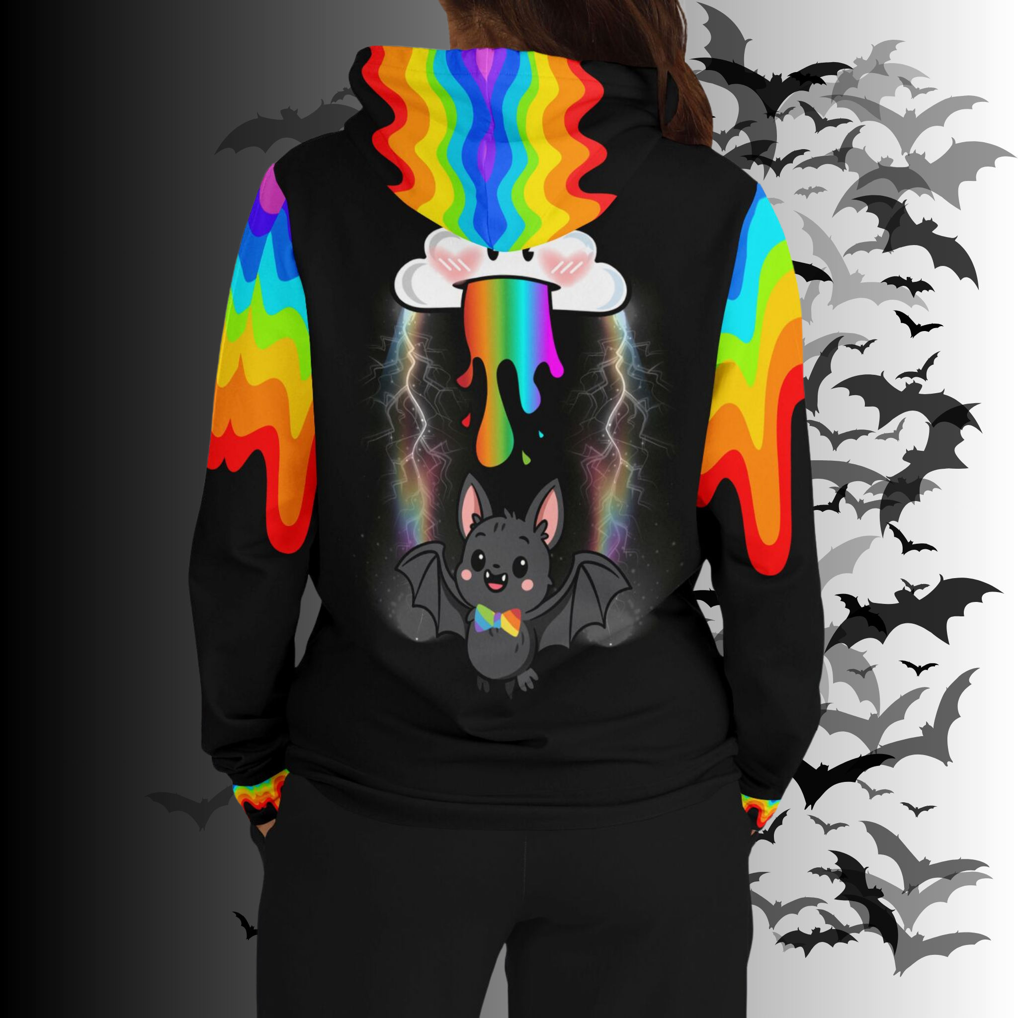 Rainbow Vomit Cloud Bat All Over Print Pullover Hoodie — Kawaii Goth Pride Unisex AOP Hoodie