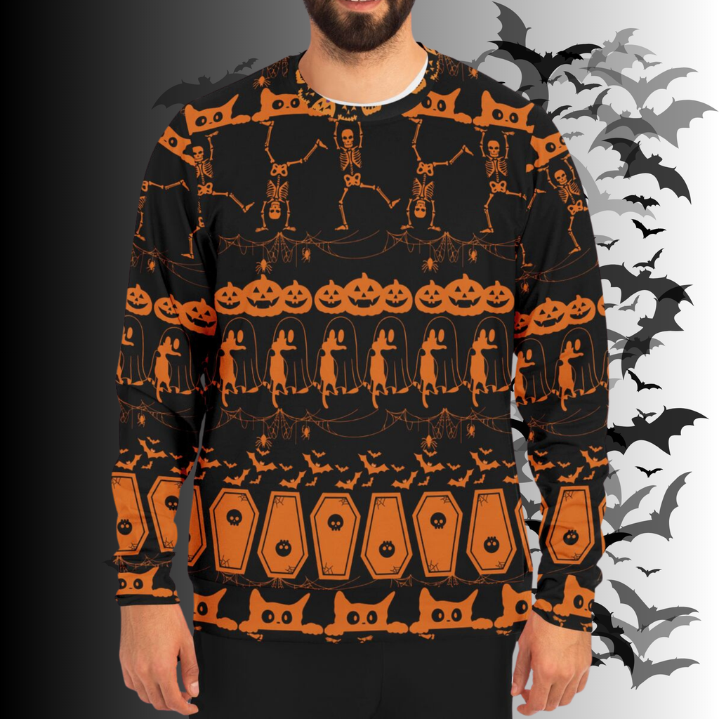 Halloween-themed sweater with pumpkins, skeletons, and bats on a dark background.
