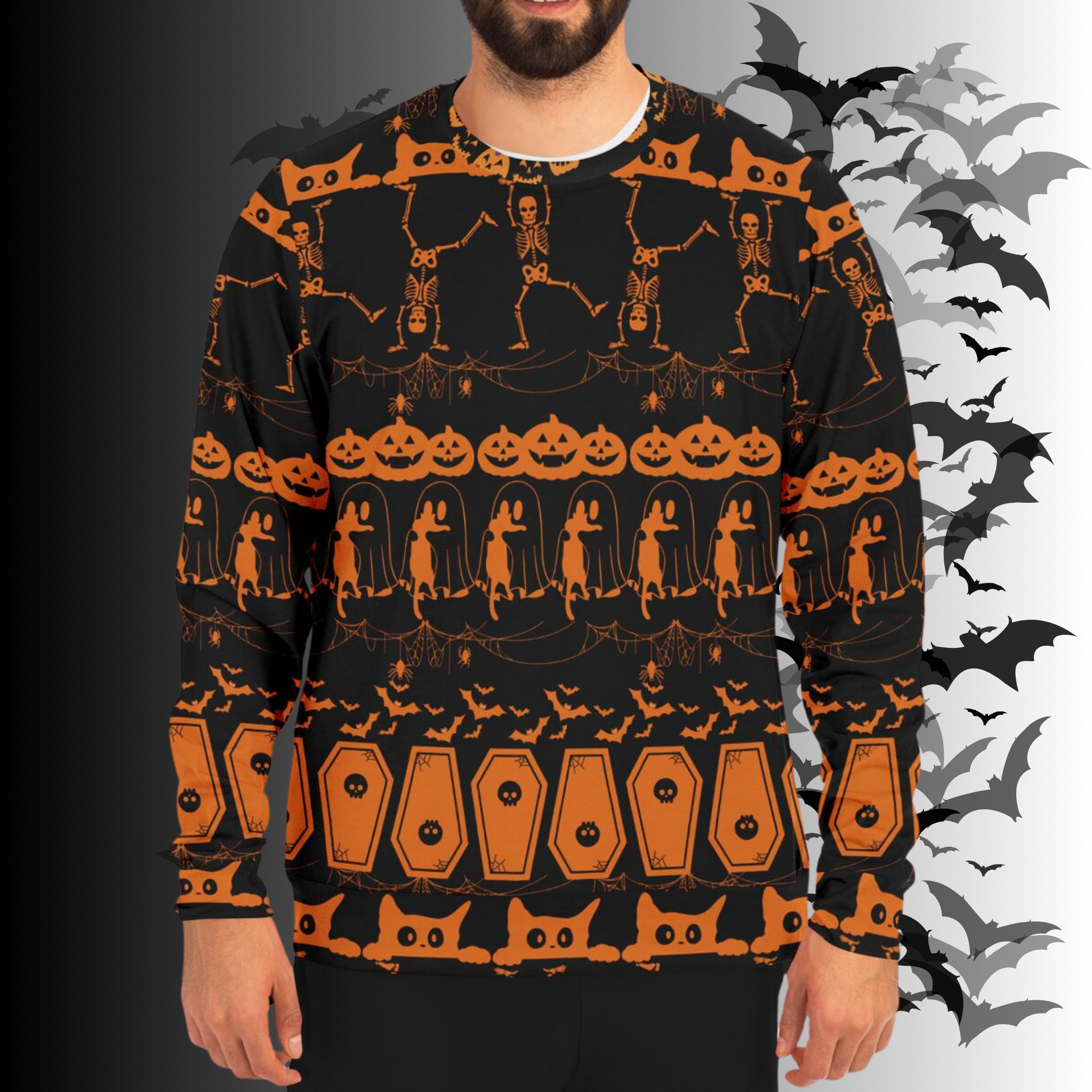 Halloween-themed sweater with pumpkins, skeletons, and bats on a dark background.