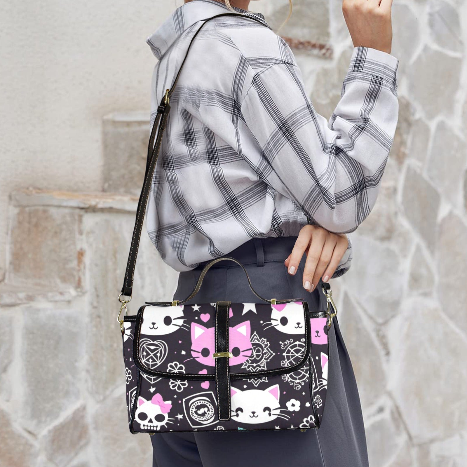 Pastel Goth Kawaii Cat Crossbody Bag | Skull & Stars Waterproof Canvas Satchel Purse