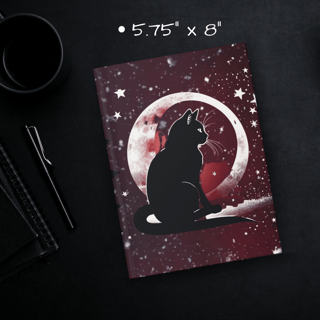 Gothic Black Cat Full Moon Journal — Crimson Starfield Hardcover Spell Book